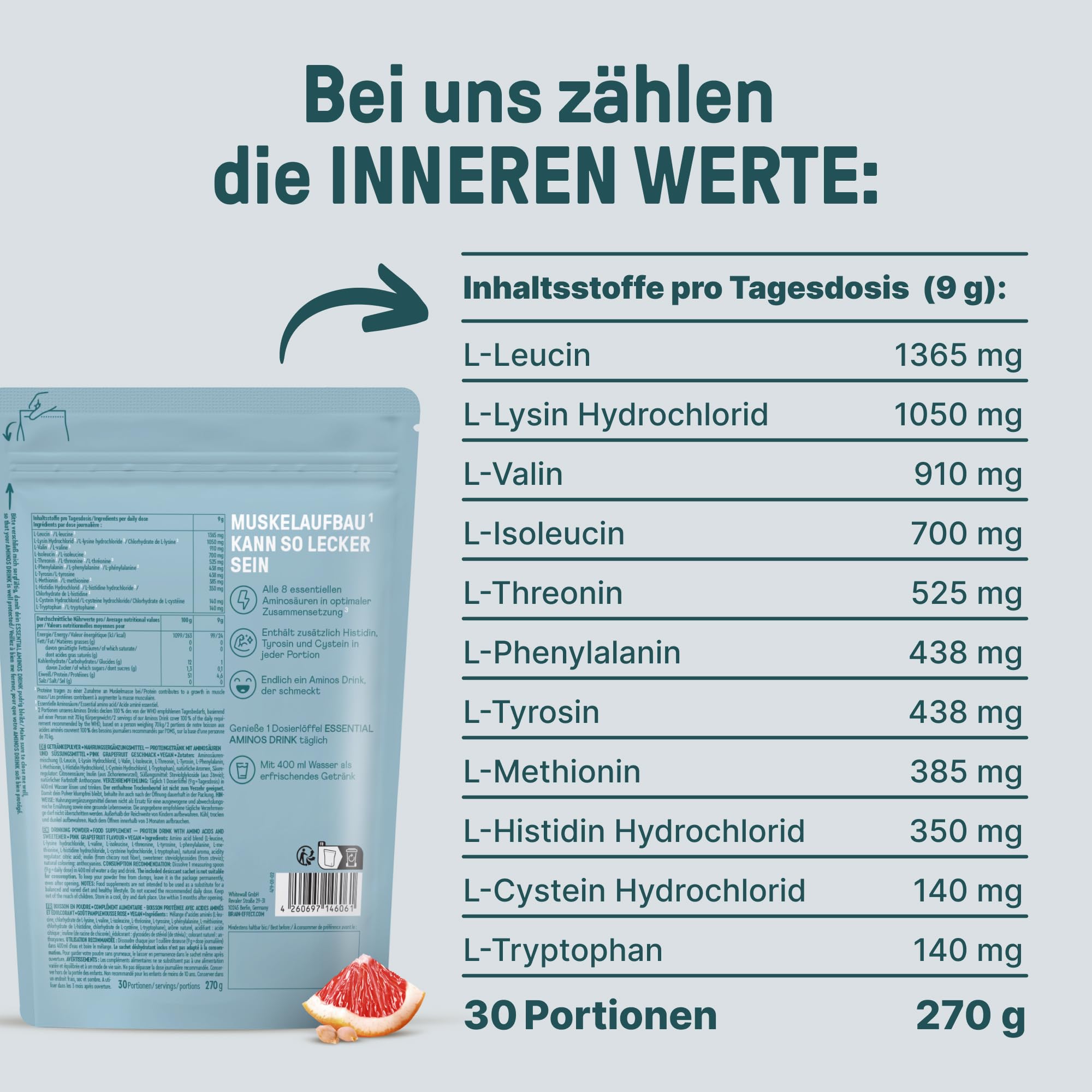 BRAINEFFECT Essential Aminos - Vollständiges Aminosäureprofil (11 Aminosäuren) - Grapefruit Geschmack (270g)