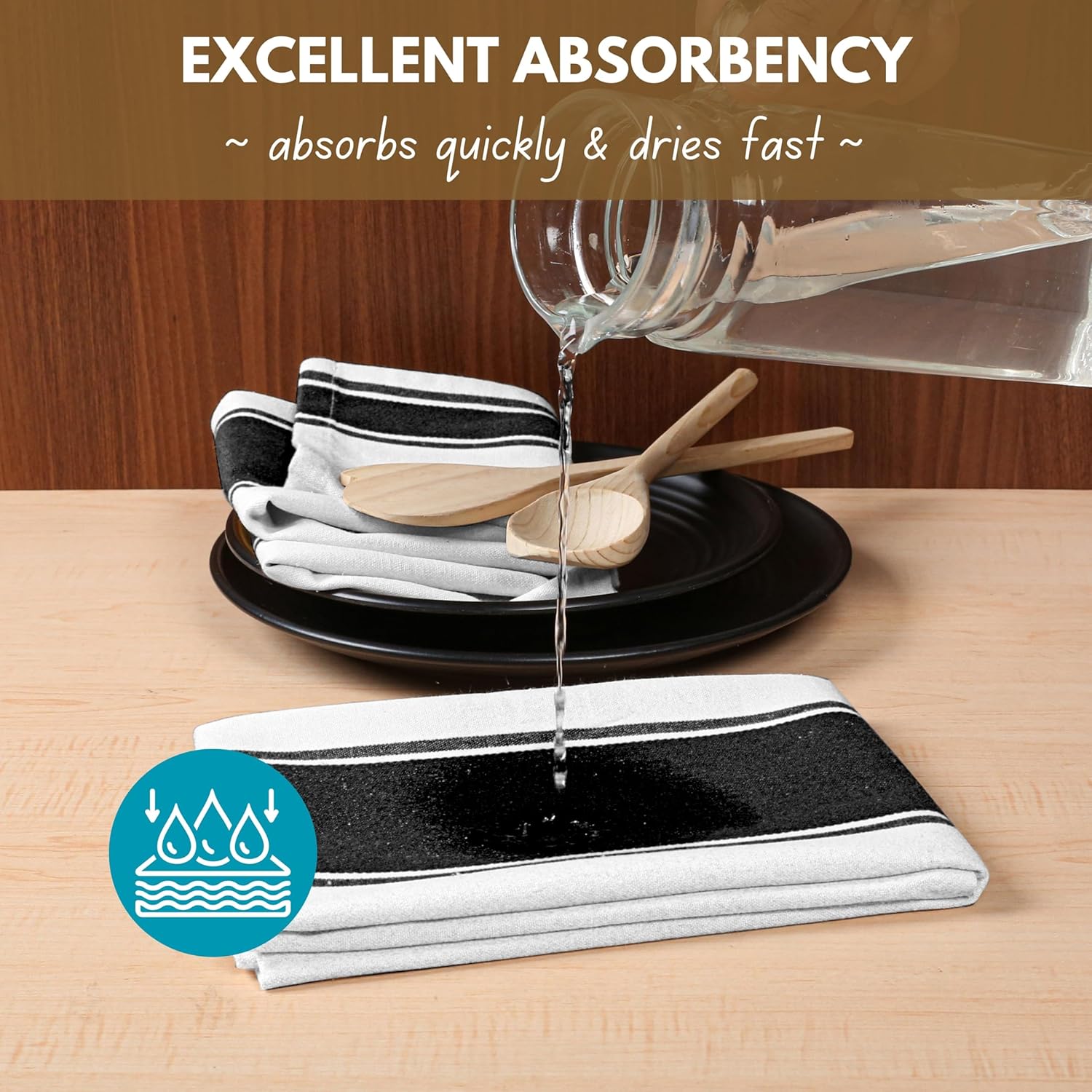 Native Fab Wide Striped Kitchen Towels - 18x28 Inch, 4 Pack Dish Towel Set, Highly Absorbent, Quick Drying, Cotton Dish Cloths for Dish Drying, Hand Wiping, and Counter Cleaning - Black - Image 5