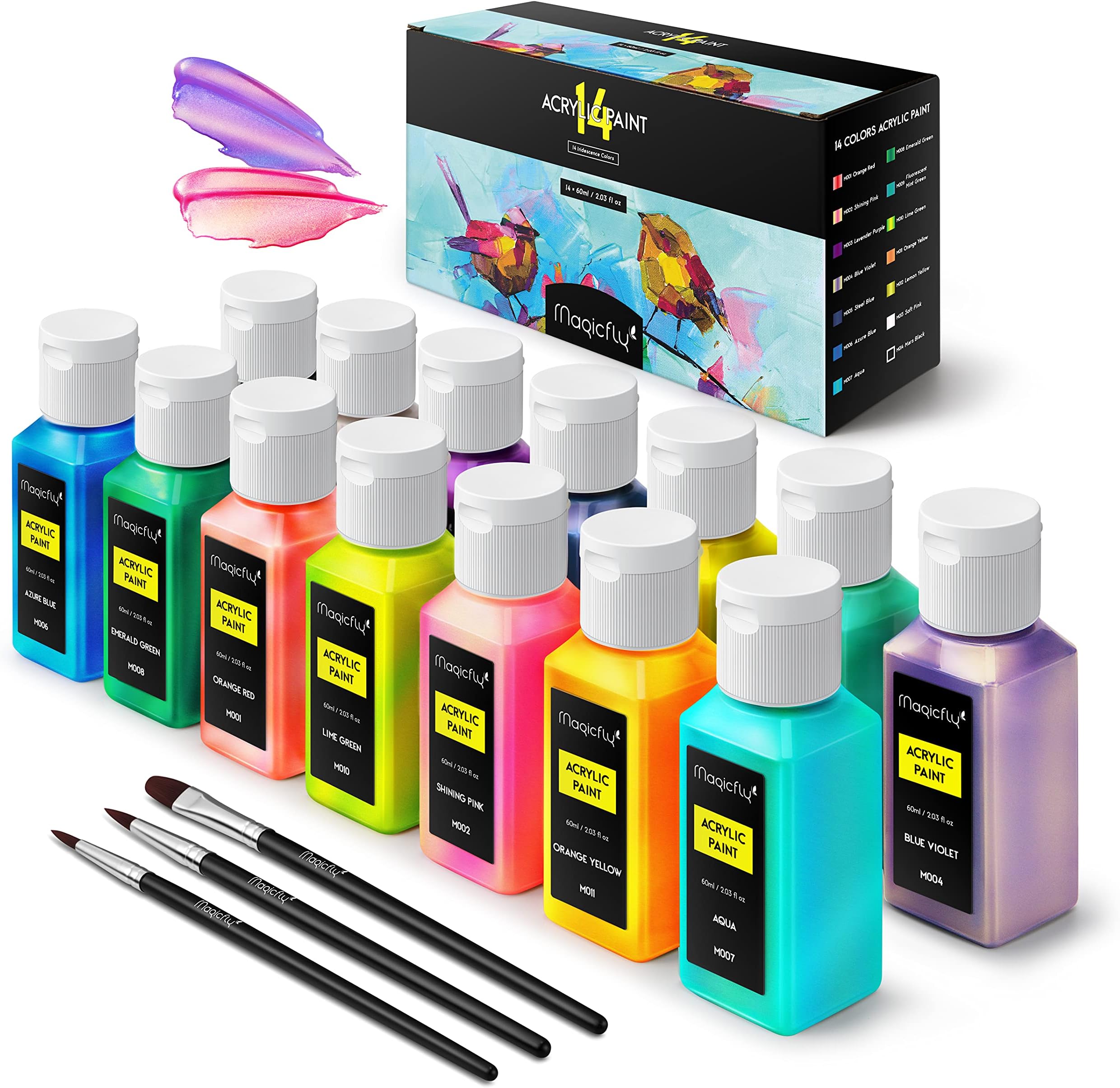 Magicfly Iridescent Acrylic Paint, Set of 14 Colors (2 oz/60 ml), High Viscosity Color Changing Paint with 3 Brushes, Water-Based Color Shift Paint for Shimmer Effect, Non-Fading & Non-Toxic Chameleon Paint, Art Painting Supplies for Christmas Easter Decorations, Canvas, Wood, Crafts, Rocks, Fabric, Ceramic