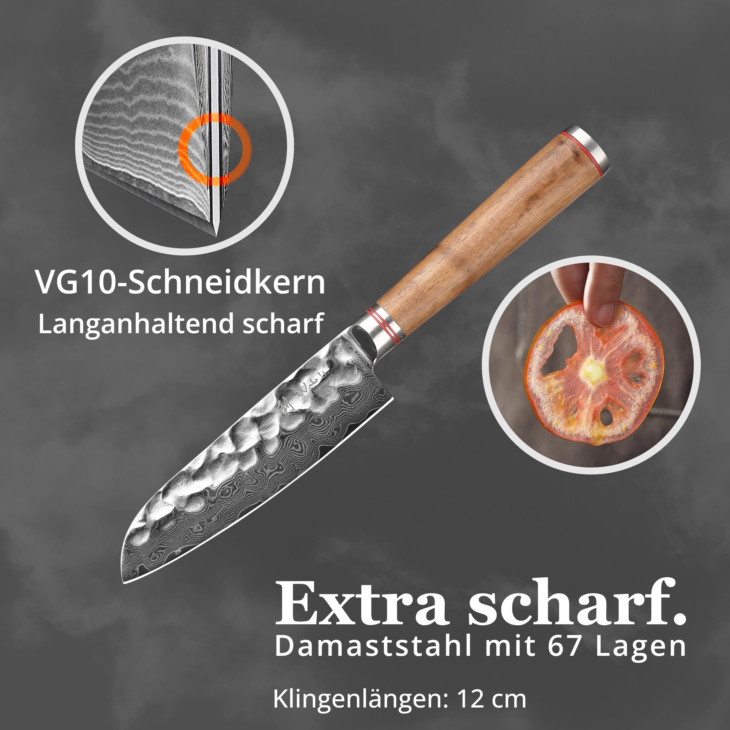Wakoli Nussbaum Santoku mit 12 cm Klinge, 67 Lagen Damaststahl, VG10 Kern