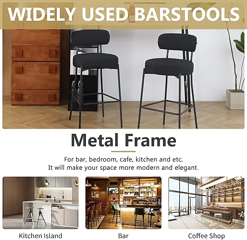 Miniatura 7 de DYHOME Juego de 3 taburetes de bar negros de 28 pulgadas de altura de mostrador con respaldo curvo, taburetes de bar Boucle con respaldo, sillas de