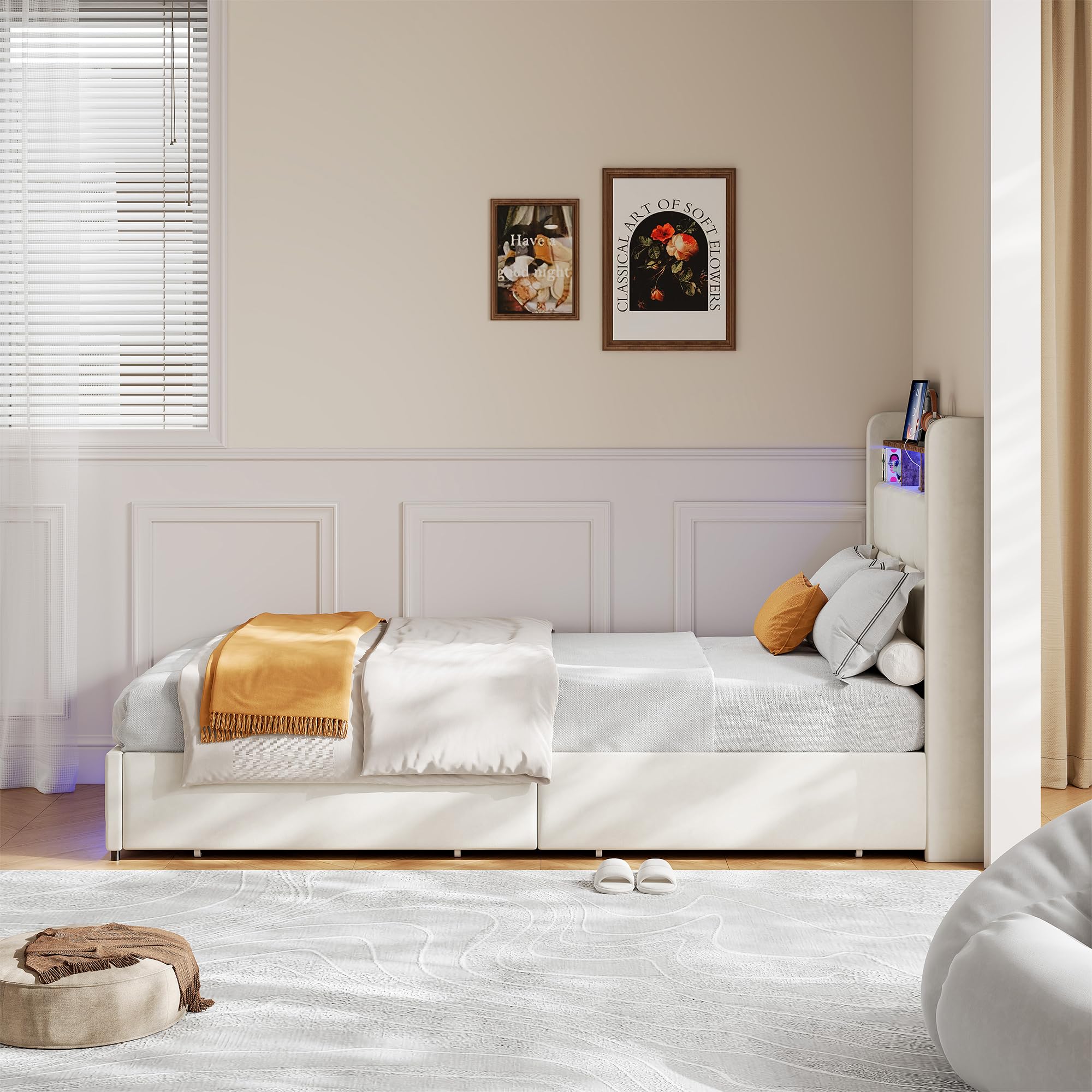 Letto imbottito 90 x 200 cm con vano portaoggetti, letto singolo con cassetti, letto per ragazzi con illuminazione a LED e stazione di ricarica, telaio in metallo e rete a doghe in legno