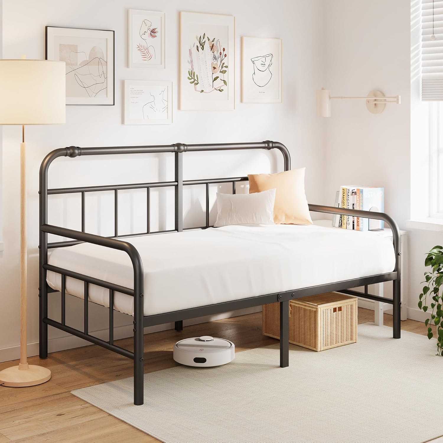 Daybed-Metal-Twin-Size-Bed-Frame - with Headboard, Heavy Duty Steel Slats Support for Bedroom Guest Room, No Box Spring Needed,Easy Assembly, Black