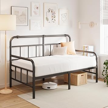 Daybed-Metal-Twin-Size-Bed-Frame - with Headboard, Heavy Duty Steel Slats Support for Bedroom Guest Room, No Box Spring Needed,Easy Assembly, Black