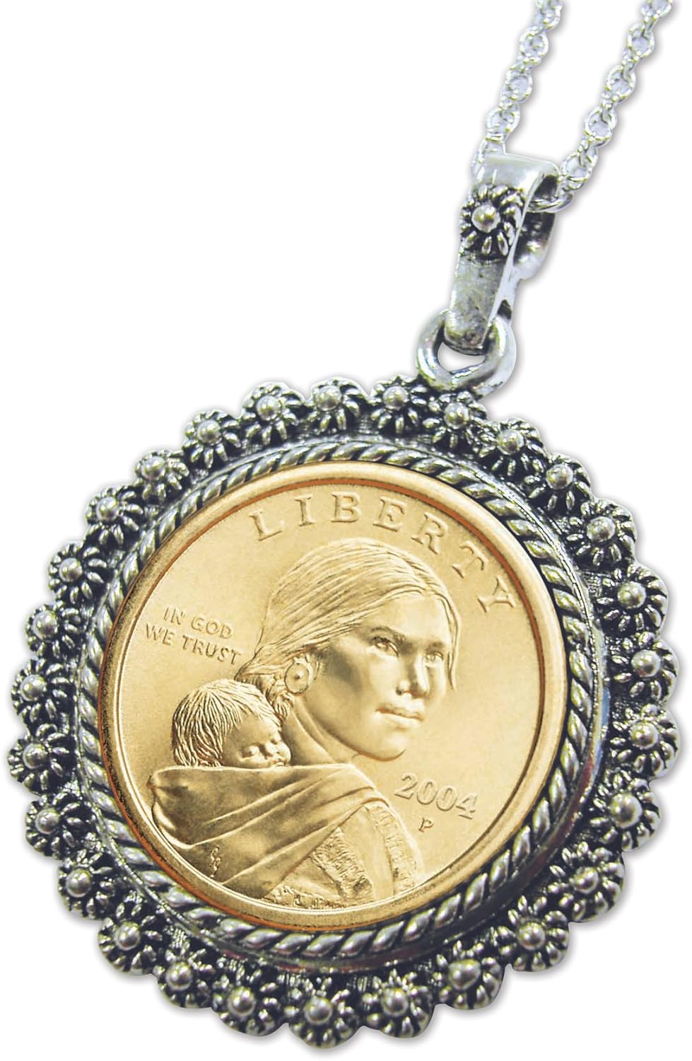 American Coin Treasures Sacagawea Golden Dollar Coin Pendant Necklace in Silvertone Bezel