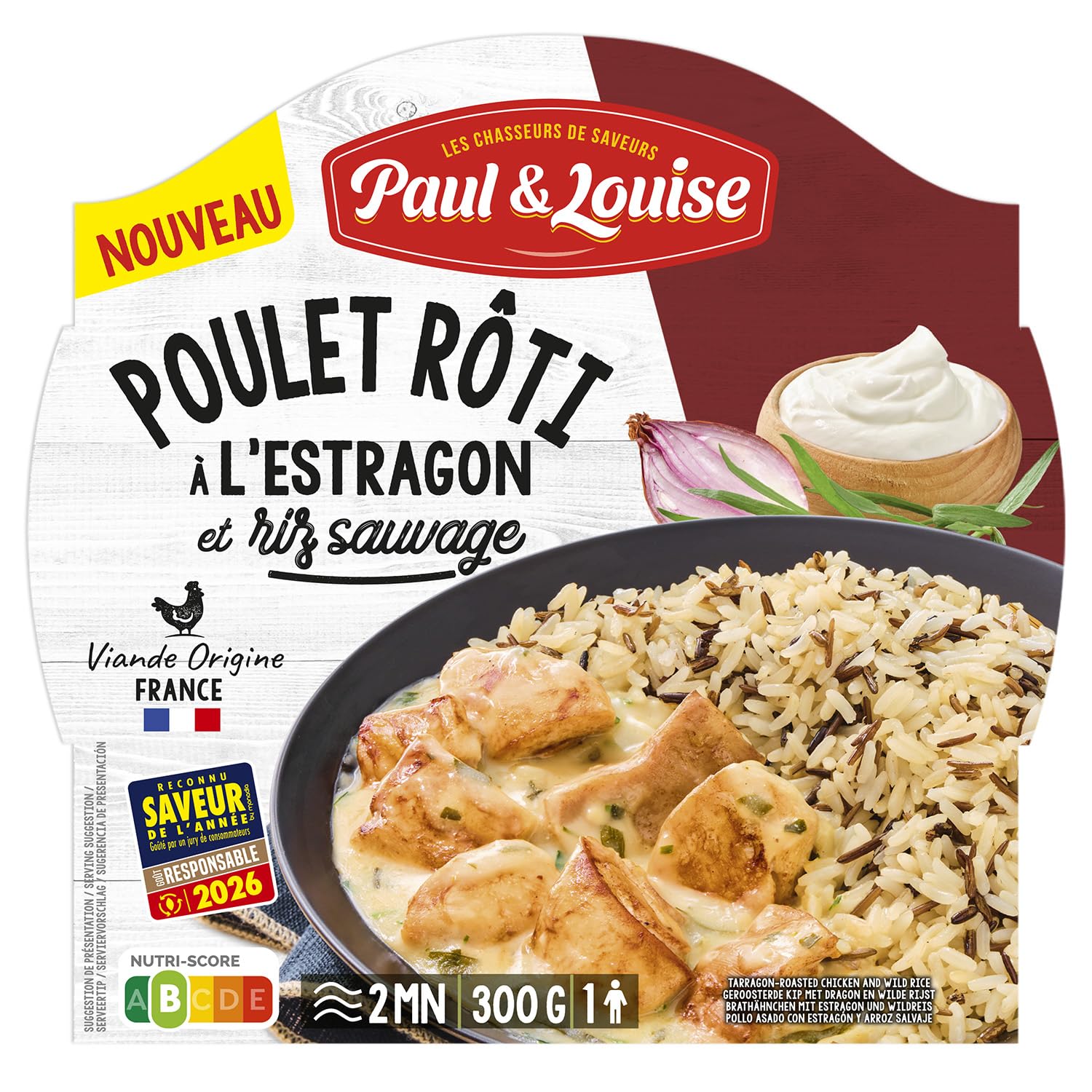 Paul & Louise - Poulet rôti à l'estragon et riz sauvage 300g - Plat Cuisiné Gourmand – Poulet Rôti Sauce Estragon – Repas Prêt à Déguster - Longue Conservation