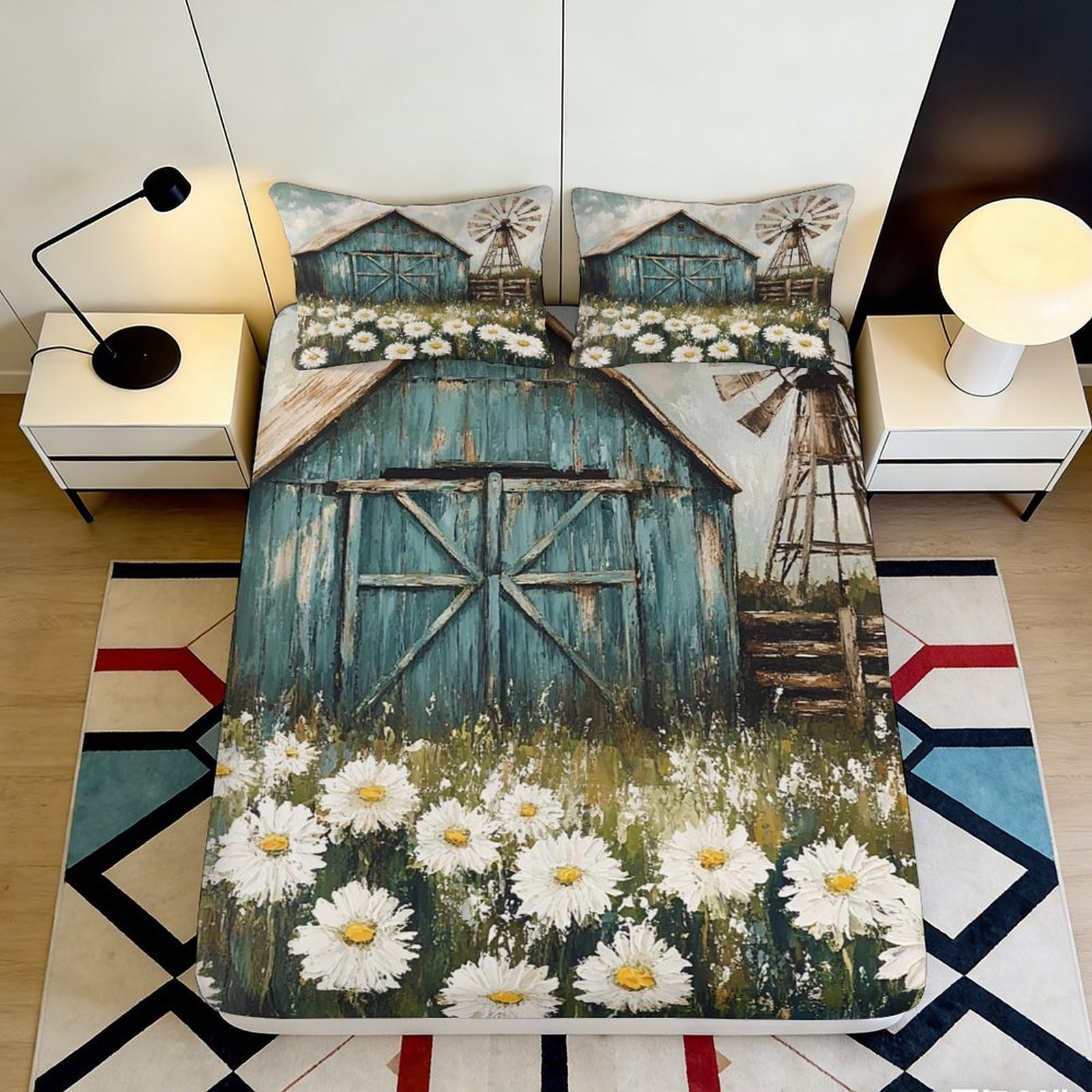3D Printed Rustic Barn Daisy Fitted Sheet Microfiber Artistic Farmhouse Windmill Bed Cover for Bedroom Decor 90x200x25cm