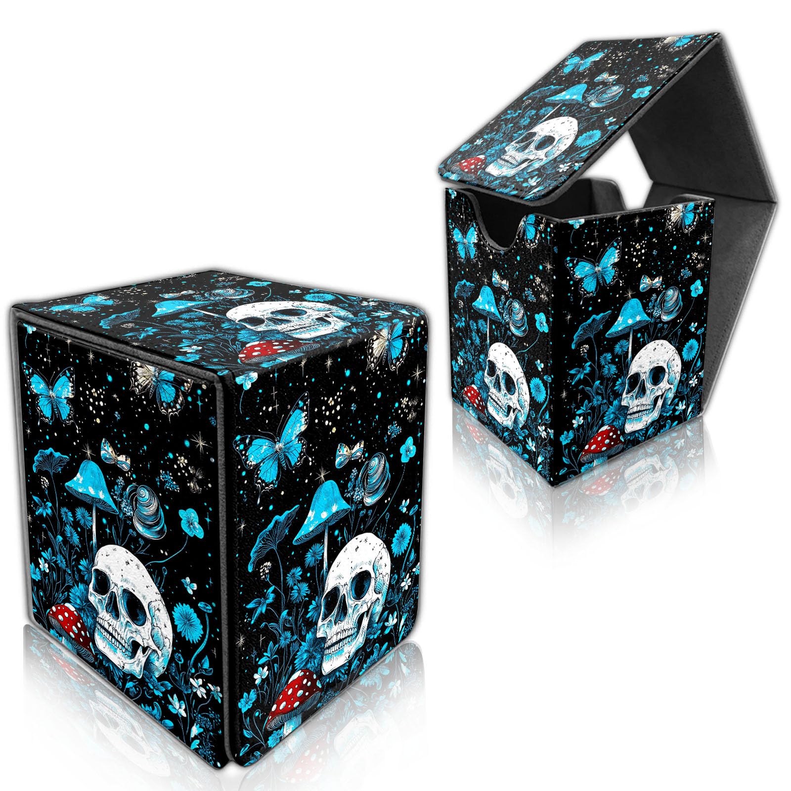 DISUOFEART for MTG Deck Box, Trading Card Storage Case Holds 100+ Sleeved Cards, Skull Flower Butterfly Mushroom Magnetic Closure Durable Deck Holder for Magic The Gathering, TCG & Commander