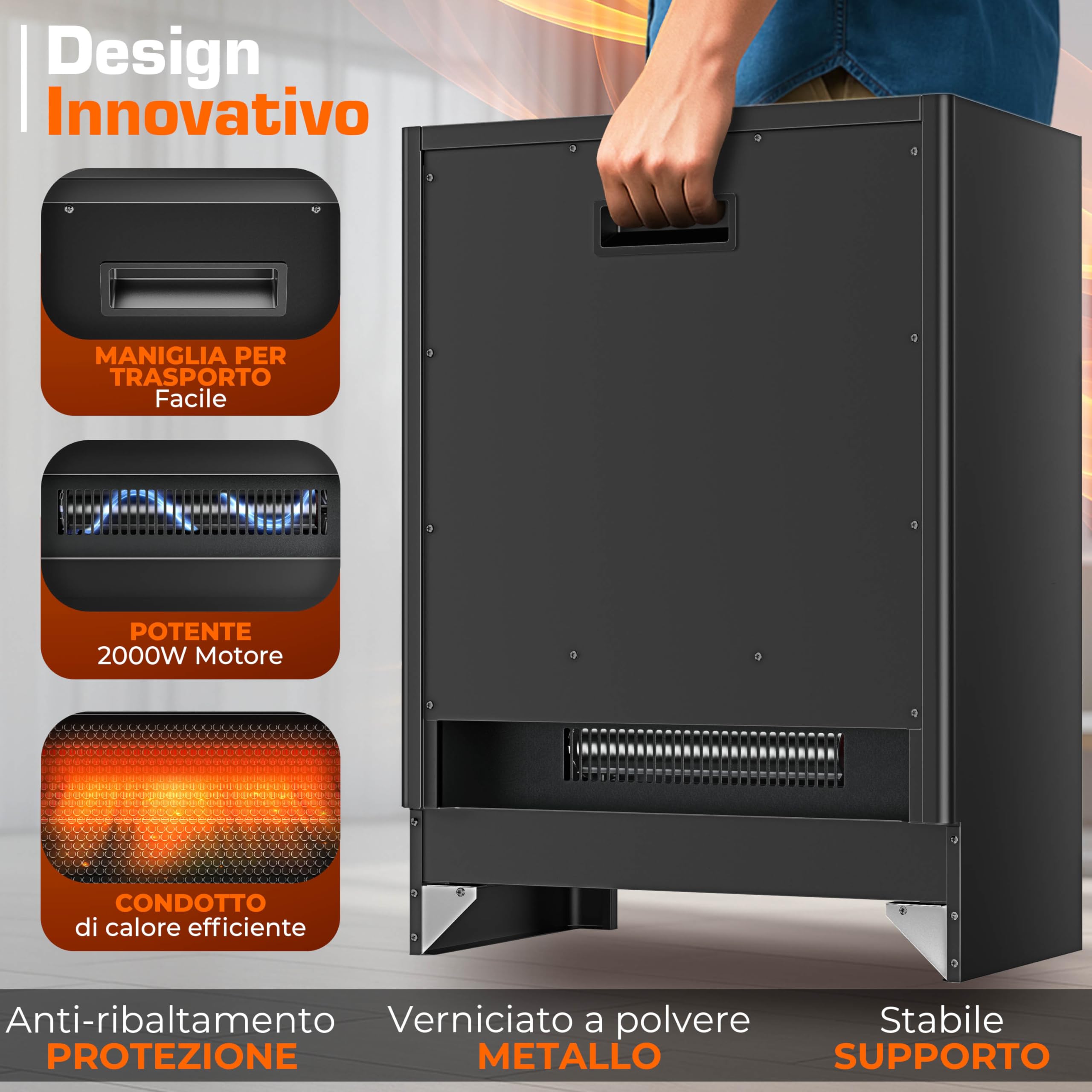 TRESKO® Camino Elettrico SmartFire con Riscaldamento 2000 W, APP WiFi e Telecomando | Camino Elettrico con Effetto fiamma LED e Display LCD | Camino con Termostato | Stufa Elettrica Timer