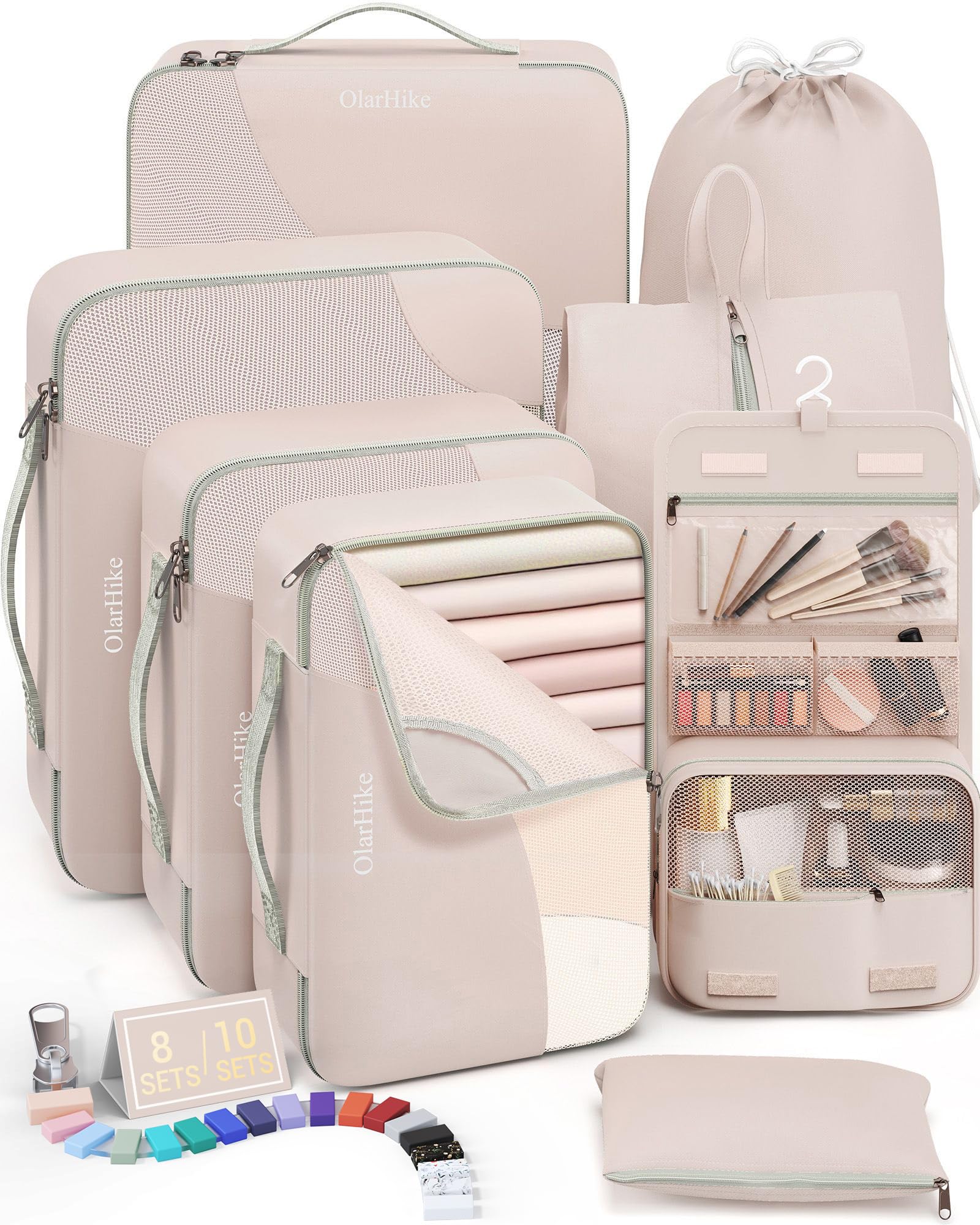 10 Set/8 Set Packing Cubes for Travel, Gifts for Women Mom,Anti-Tearing Suitcase Organizer for Luggage with Shoe & Hanging Toiletry Bag,OlarHike Vacation Essentials & Accessories for Cruise Ship,Cream