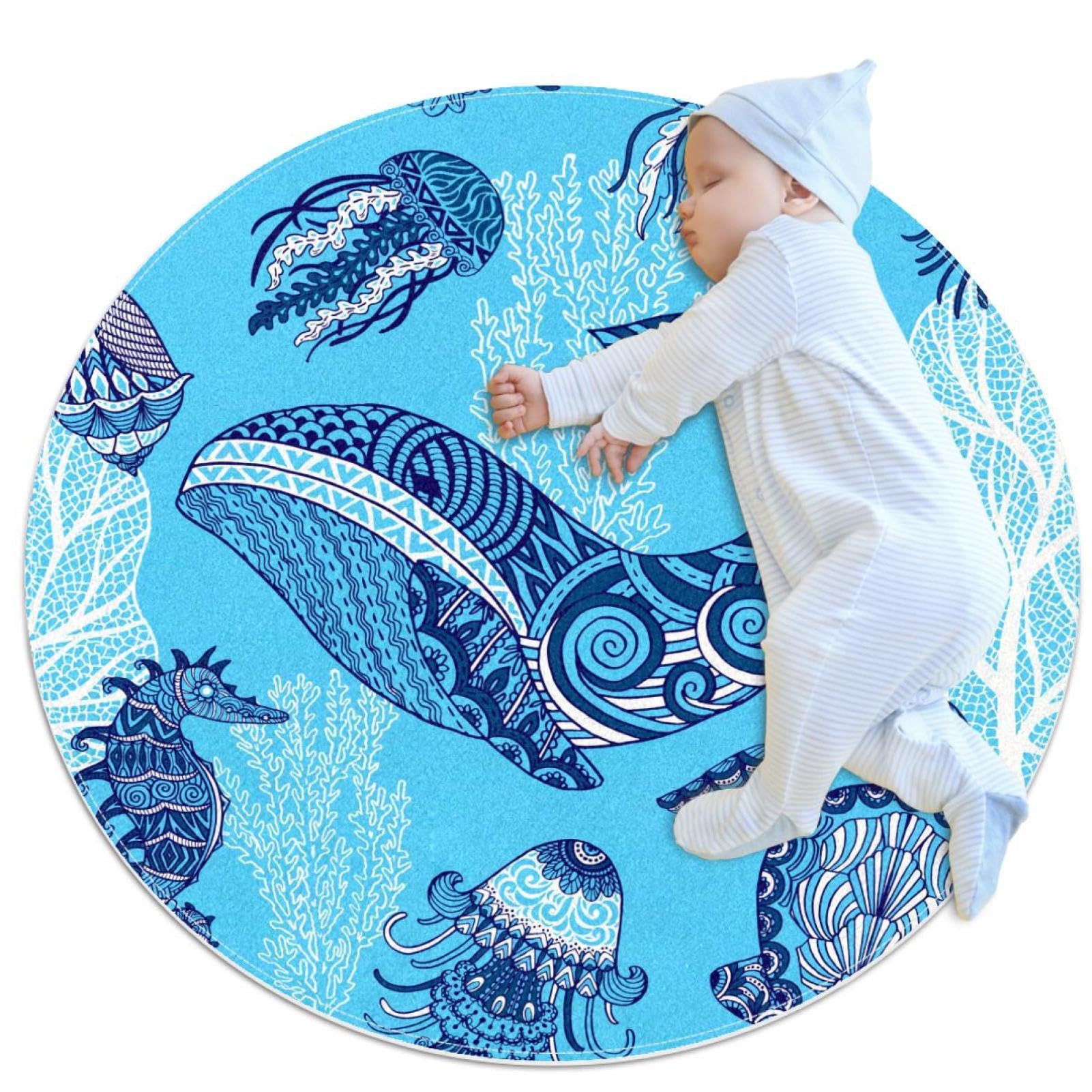 Petit tapis de salle de bain rond de 1m antidérapant avec motif de baleine