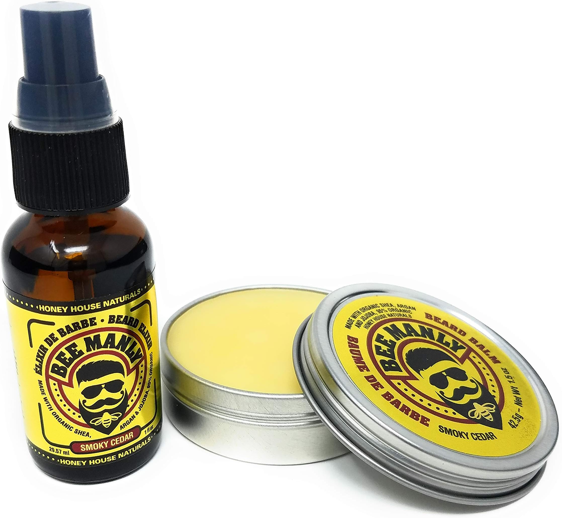 Honey House Naturals Bee Manly Duo – 1 ounce Beard Elixir & 1.5 ounce Beard Balm – Smoky Cedar