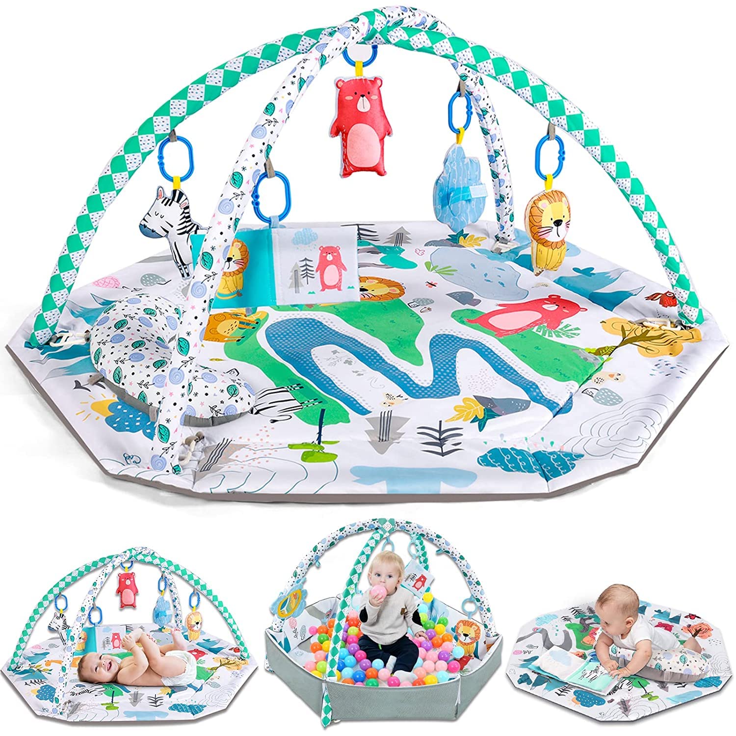 DMG TECH Tummy Time Mat, 4-in-1 Baby Gym Activity Play Mat & Ball Pit, with High Contrast Toys & Self-Discovery Mirror & Tummy Time Pillow for Sensory and Motor Skill Development
