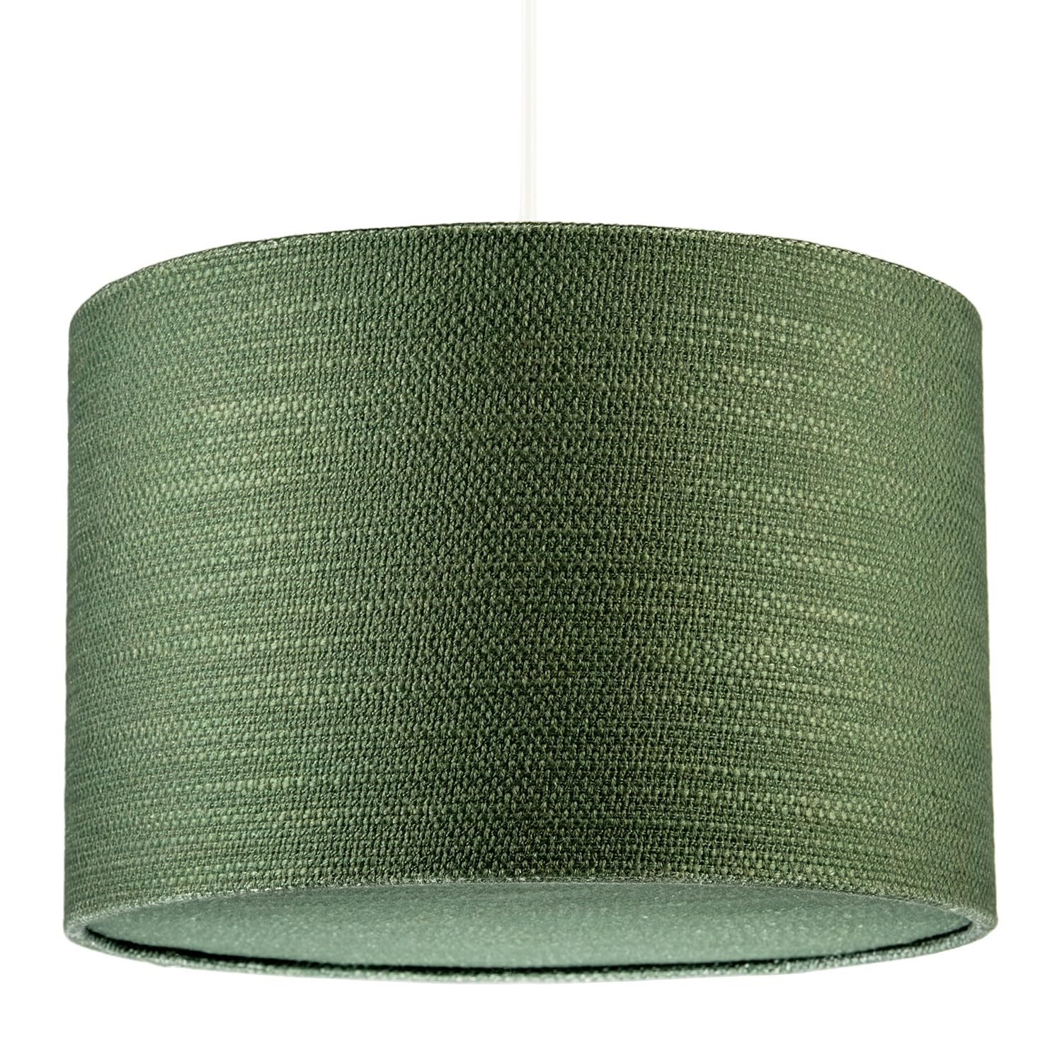 Vineyard Green Textured Linen Fabric Pendant Lighting Shade with Round Diffuser Plate | Contemporary Design | 30cm x 20cm | White Cotton Lining by Happy Homewares