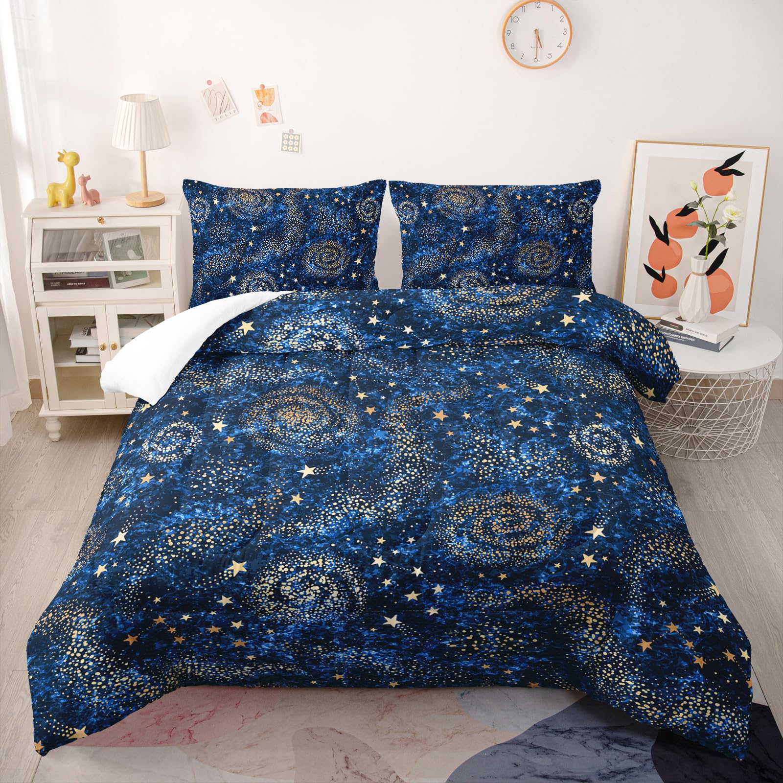 Nttopship Starry Sky Print Comforter Set Queen Size,Blue Starry Sky Golden Stars Bedding Set,Interstellar Printed Quilted Set for Teens Boys Adult,with 1 Comforter and 2 Pillow Case