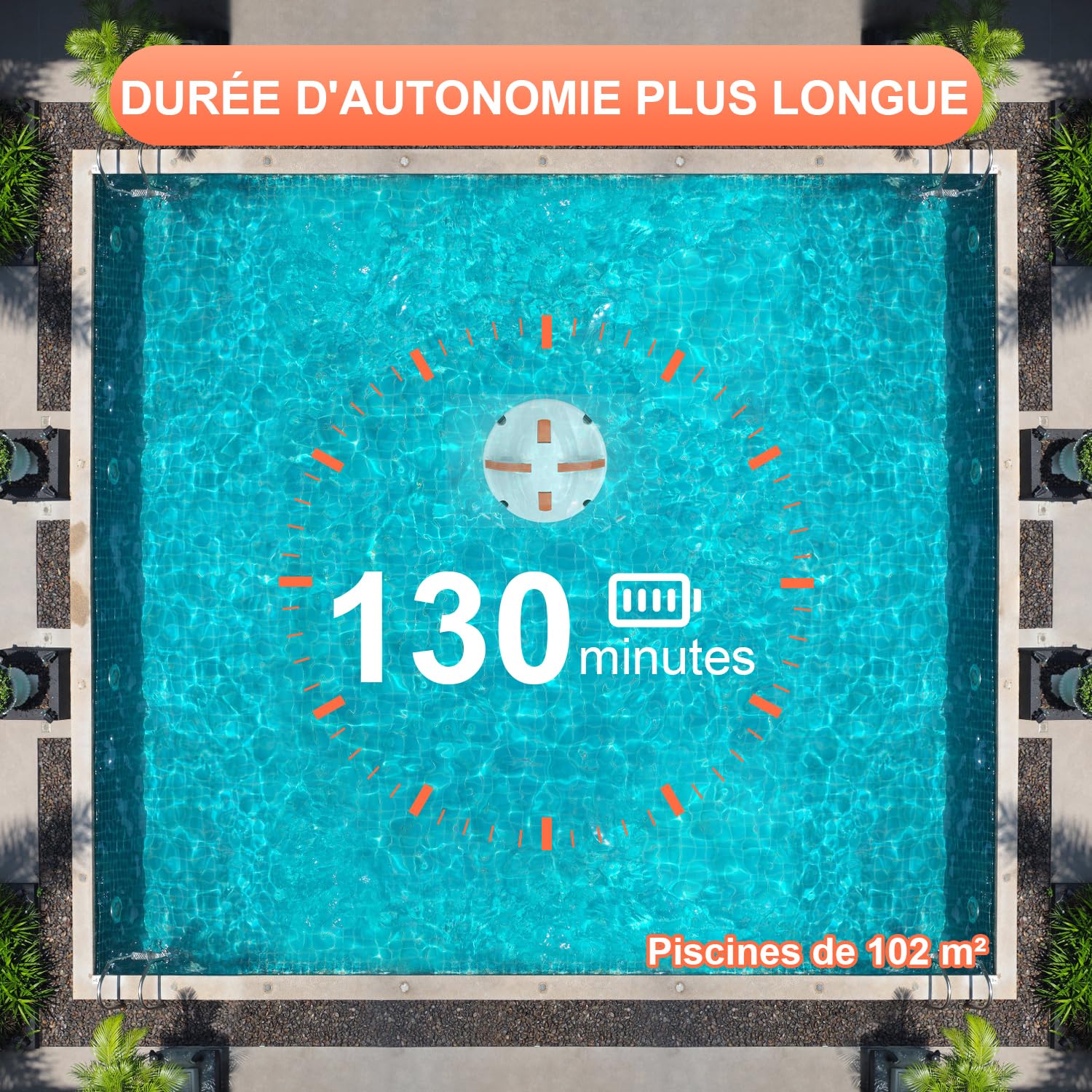 (2026) GAMPLAE Robot Piscine sans Fil, Aspirateur Piscine à Double Moteur Puissante Aspiration, 130 Minutes de Nettoyage, Auto-Stationnement, Robot Piscine Idéal pour Les Piscines Hors Sol 102㎡