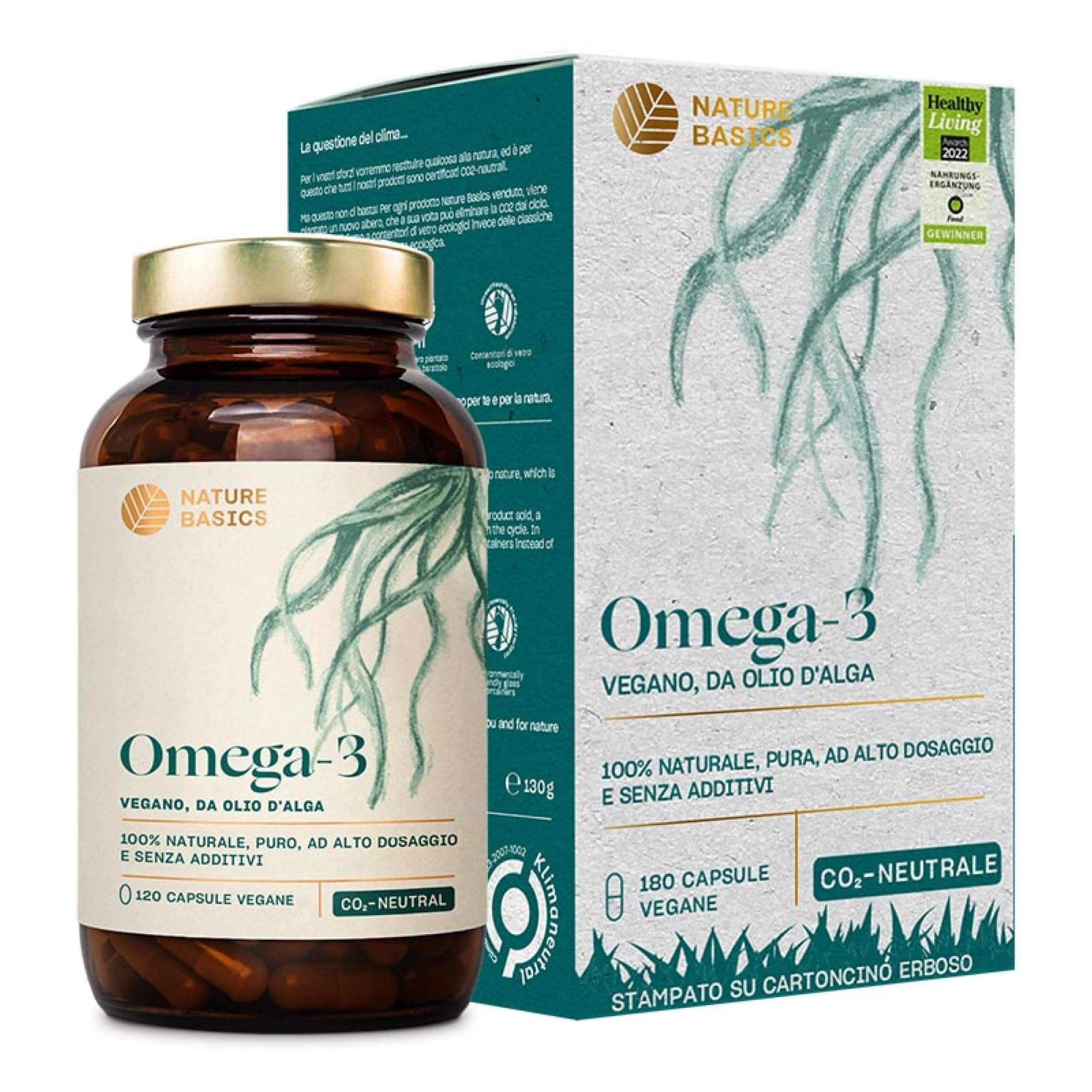 Nature Basics® Algae Oil Omega 3 vegan | 120(!) capsule altamente dosate in un barattolo | Per capsula naturale 455mg con 30% DHA & 15% EPA