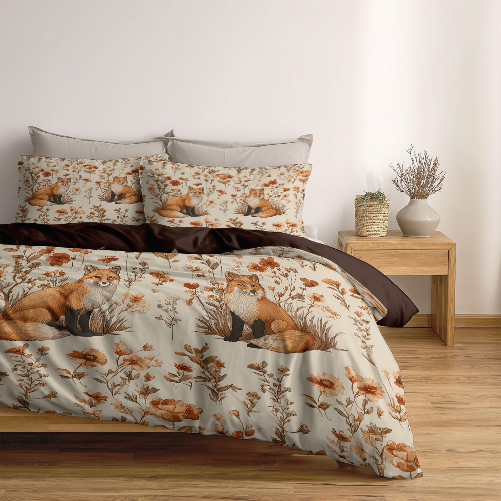 Generisch Retro Landhaus 3-teiliges Bettwäsche-Set, 1 Bettbezug 180 x 200 cm und 2 Kissenbezüge 80 x 80 cm, Taupe, Herbstblumen Fuchs, Pflegeleicht, Erwachsene, Schlafzimmer