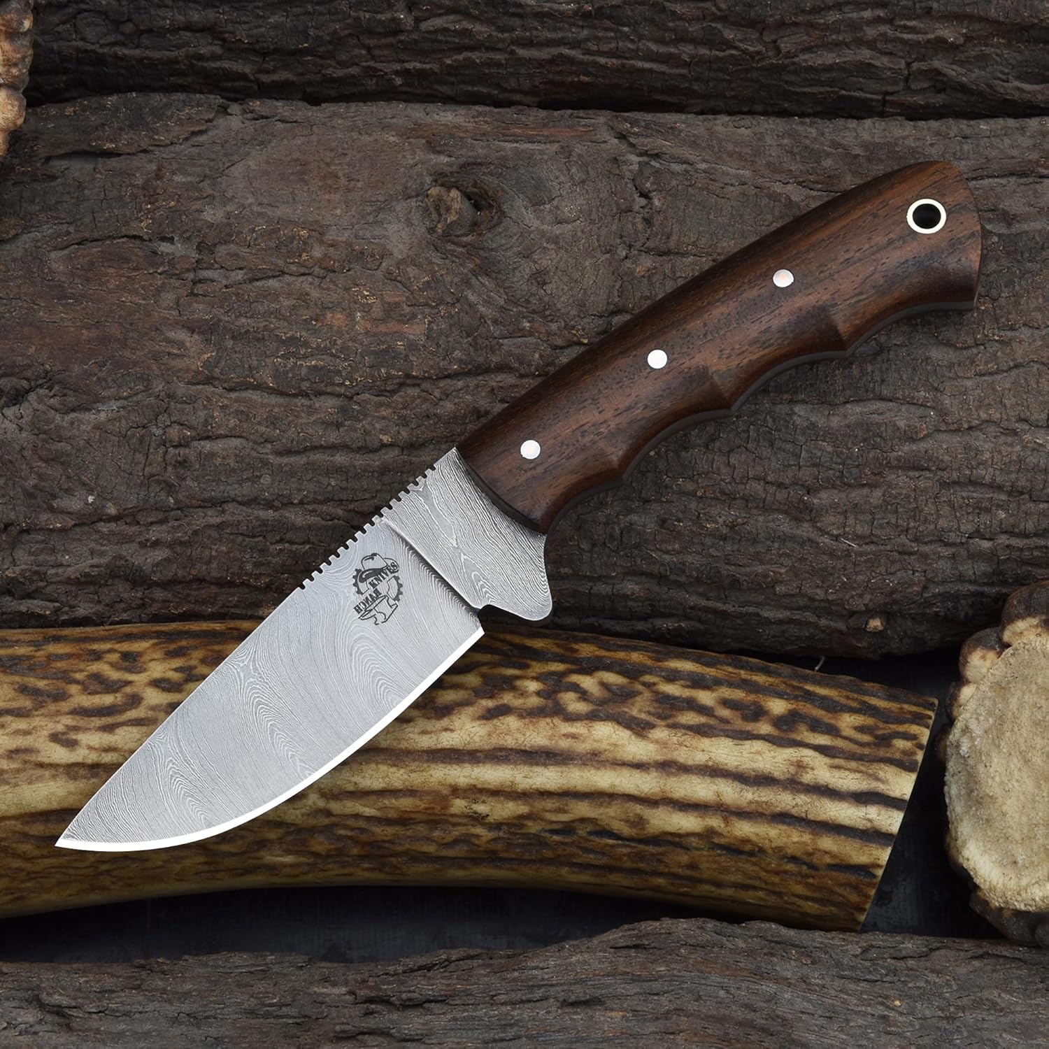 Knives Ranch Handmade 7-1/2" EDC Hunting Knife - Full Tang Construction - Damascus Steel Blade - Rosewood Handle - Heavy Duty Leather Sheath (3183-IRW)