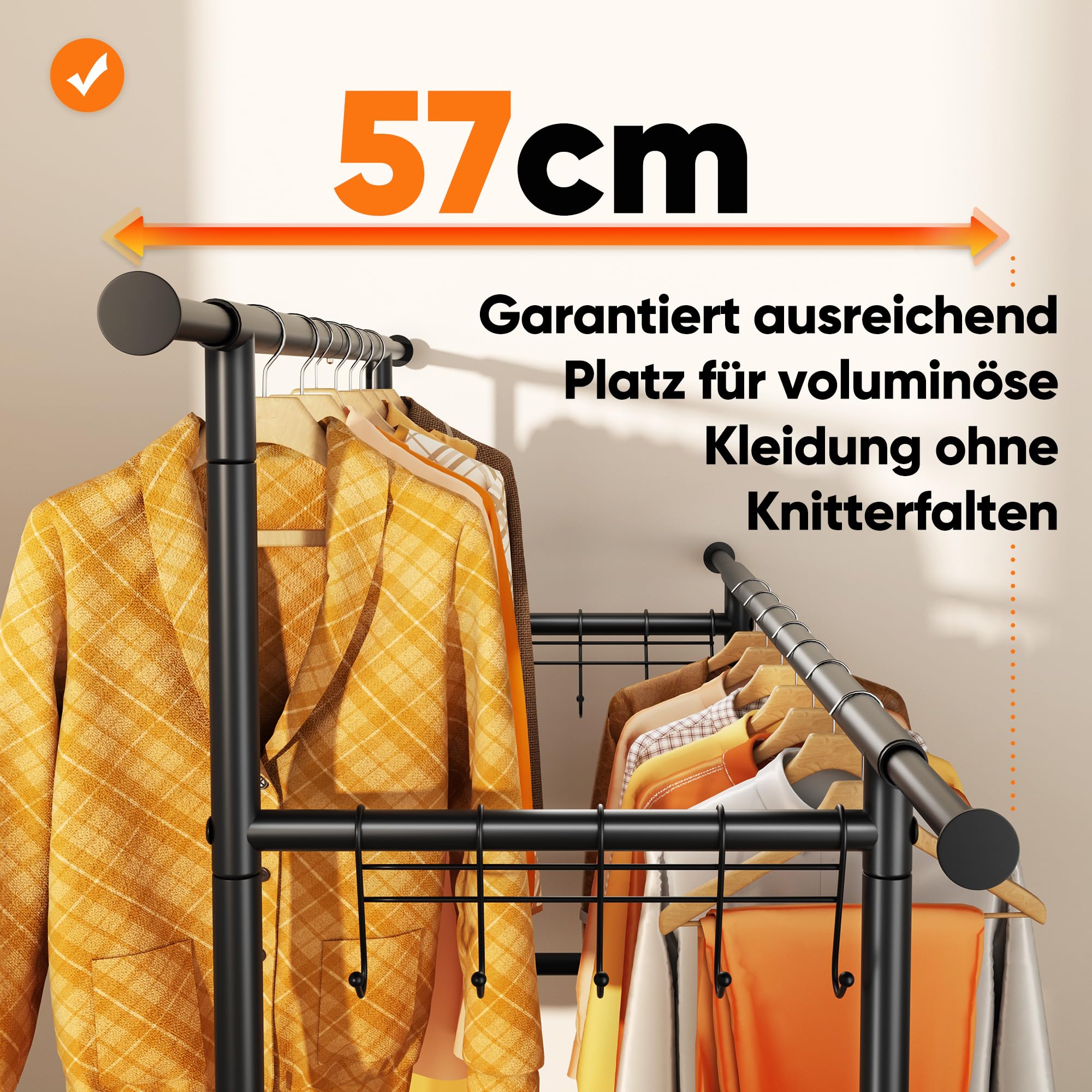 HOKEEPER Kleiderständer Schwerlast-Kleiderstange 204kg Kleiderständer mit Rädern Doppelstab-Garderobenständer zum Aufhängen von Kleidung Tragbarer mit Regalen, schwarz