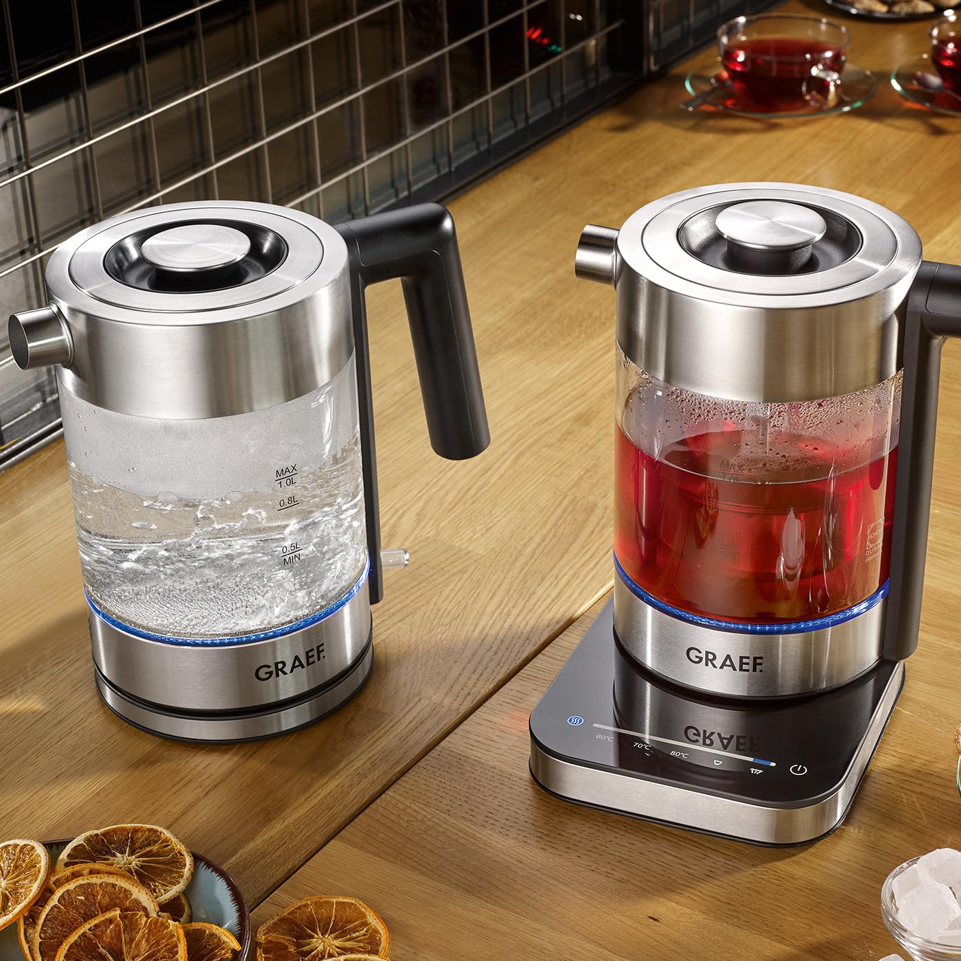 GRAEF Glaswasserkocher WK350 - Wasserkocher 1 Liter, Hochwertiges Design, SCHOTT DURAN Glas, Edelstahl, Temperatureinstellung, Teesieb, LED-Beleuchtung, 360° Basis, Warmhaltefunktion, 2200 Watt
