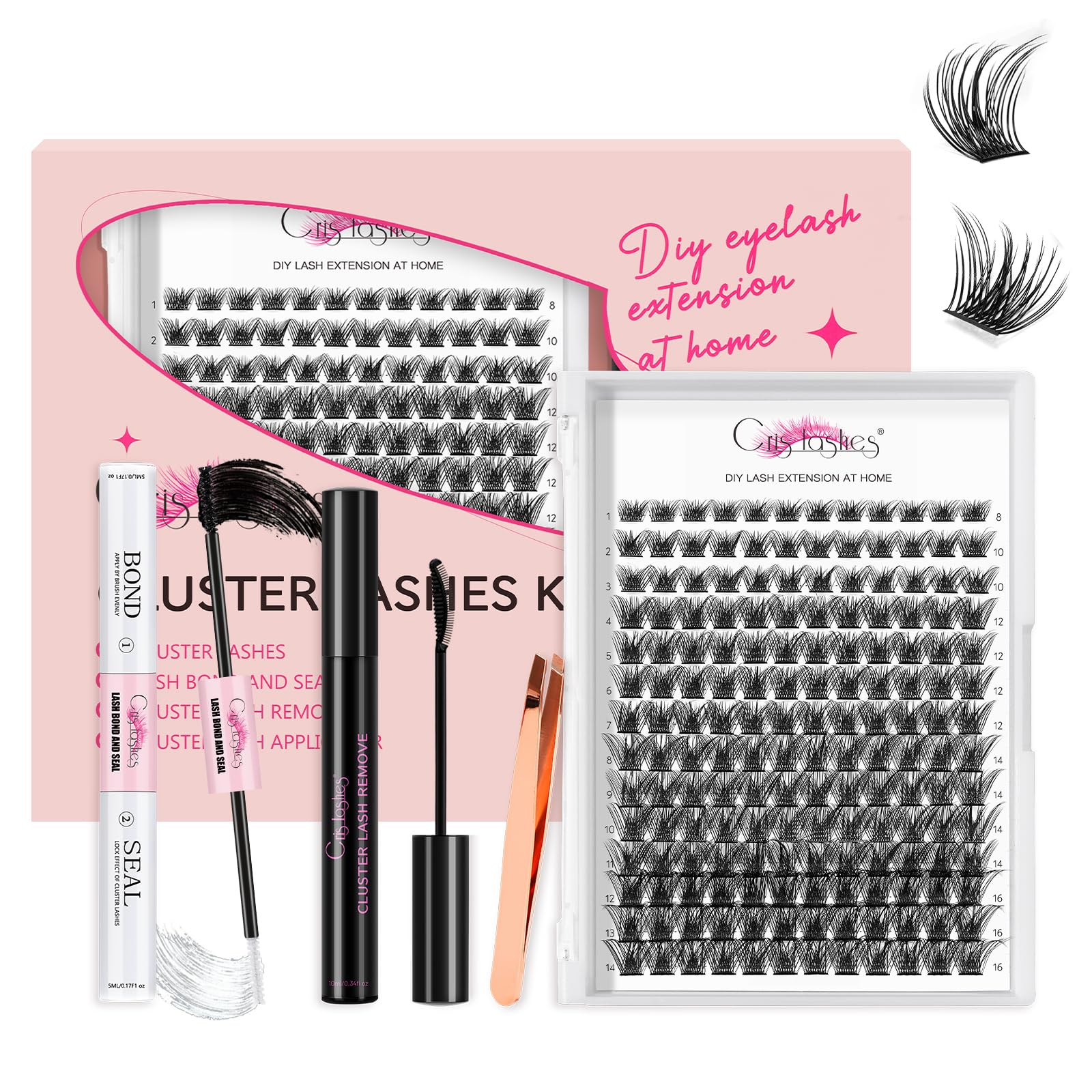 Crislashes Pestañas Postizas Kit, 168Pcs DIY Eyelash Extension Tupido Mixed D Curl 8-16mm con perdurable pegamento y sellador, pinzas de pestañas, Suave esponjoso y reutilizable (Tupido D-8-16mm)