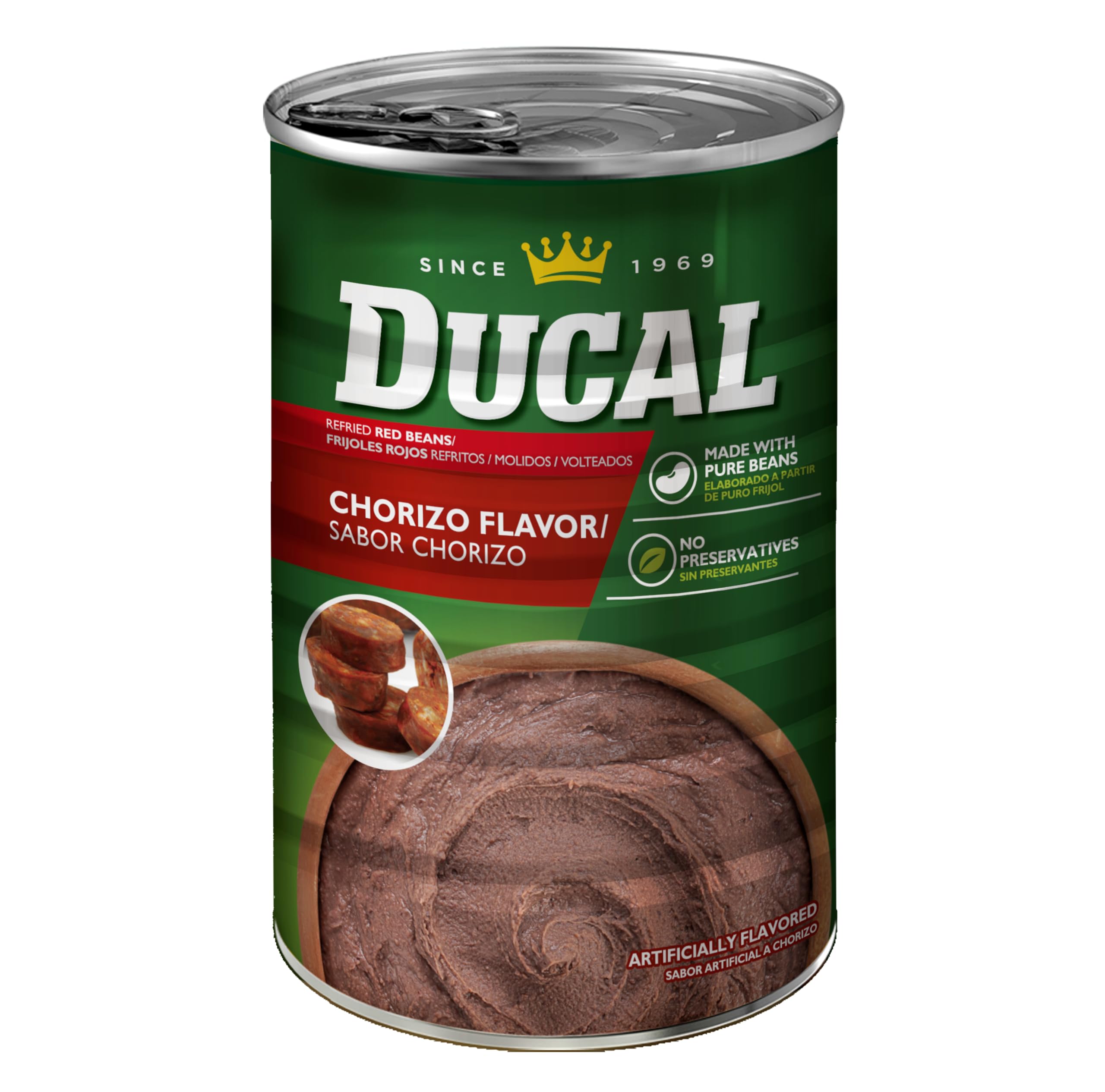 Ducal Refried Red Beans Chorizo Flavored, 15 Oz (Pack of 24) - Excellent Source in Protein And Iron, Cholesterol Free - Instant Vegetarian Refried Red Beans, Non-GMO And Gluten-Free