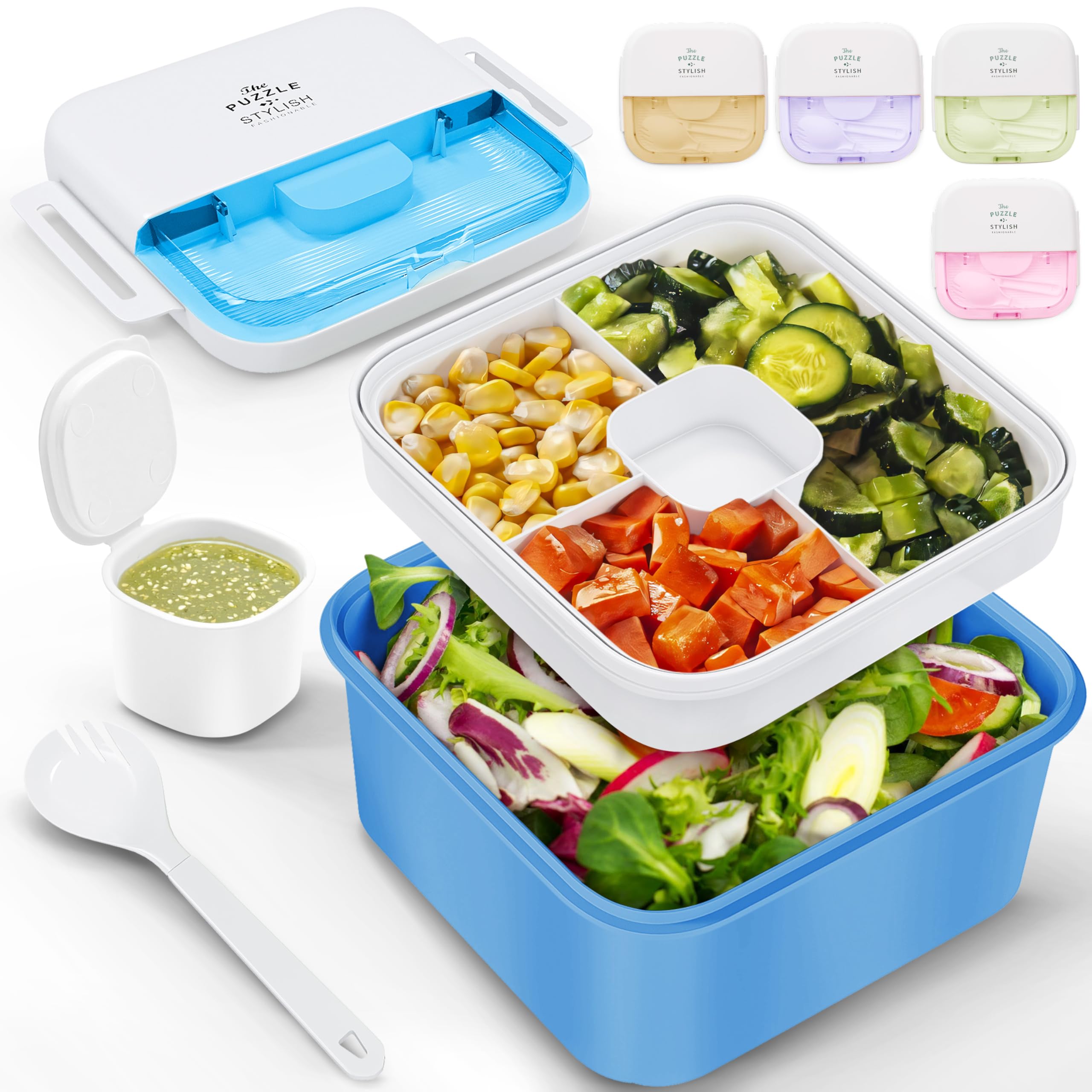 Earth&ME Bento Lunch Box For Adults & Kids, 1100 Ml Bento Box With 2 Floors 3 Compartments, Leak-proof Sauce Container, Spork, Ideal Salad Container For Lunch, School, Office, Travel, Blue