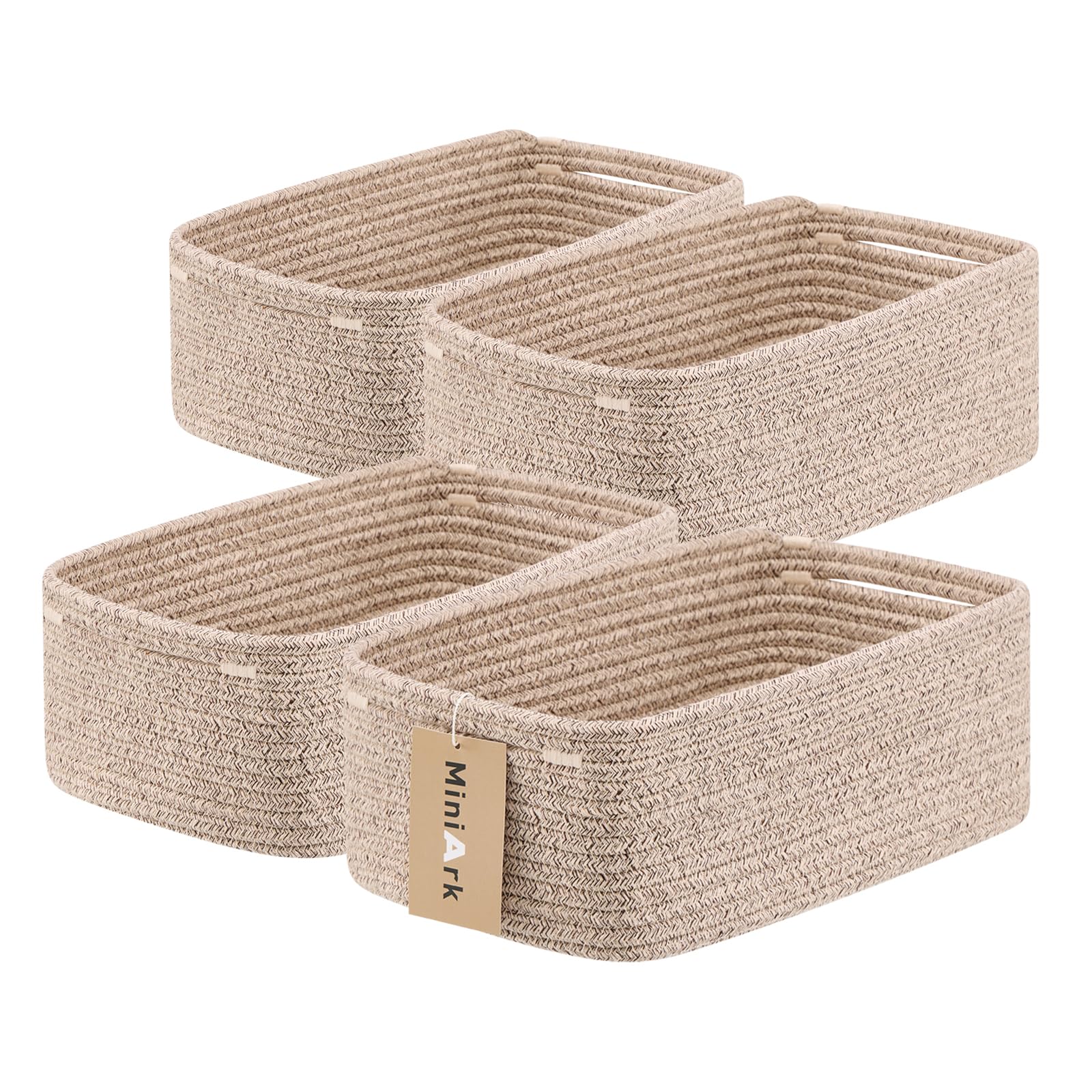 MiniArk Small Storage Baskets for Organizing | Closet Organizer Bins | Shelf Toy Basket | Woven Rope Baskets | Cube Decorative Box | Shallow Basket | 13x8.5x5.1” | 4 Packs Mixed Brown