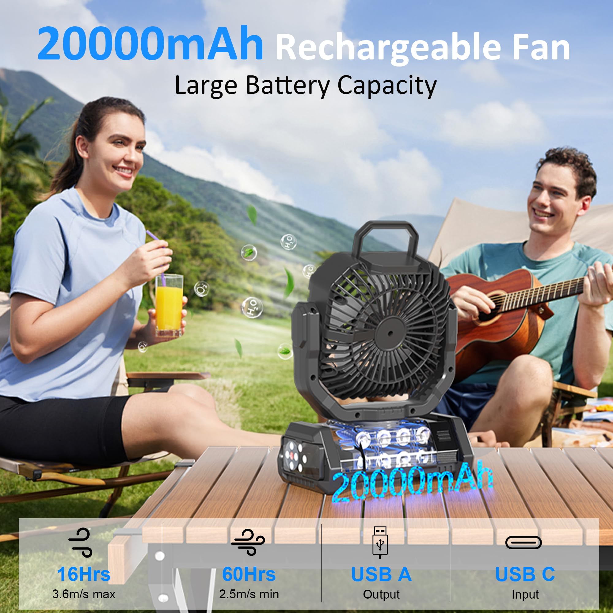 Ventilatore portatile ricaricabile, 20000 mAh, senza fili, alimentato a batteria, con luce LED e telecomando, 4 velocità di vento, timer, USB C, gancio per appendere a 360°, ventole oscillanti per