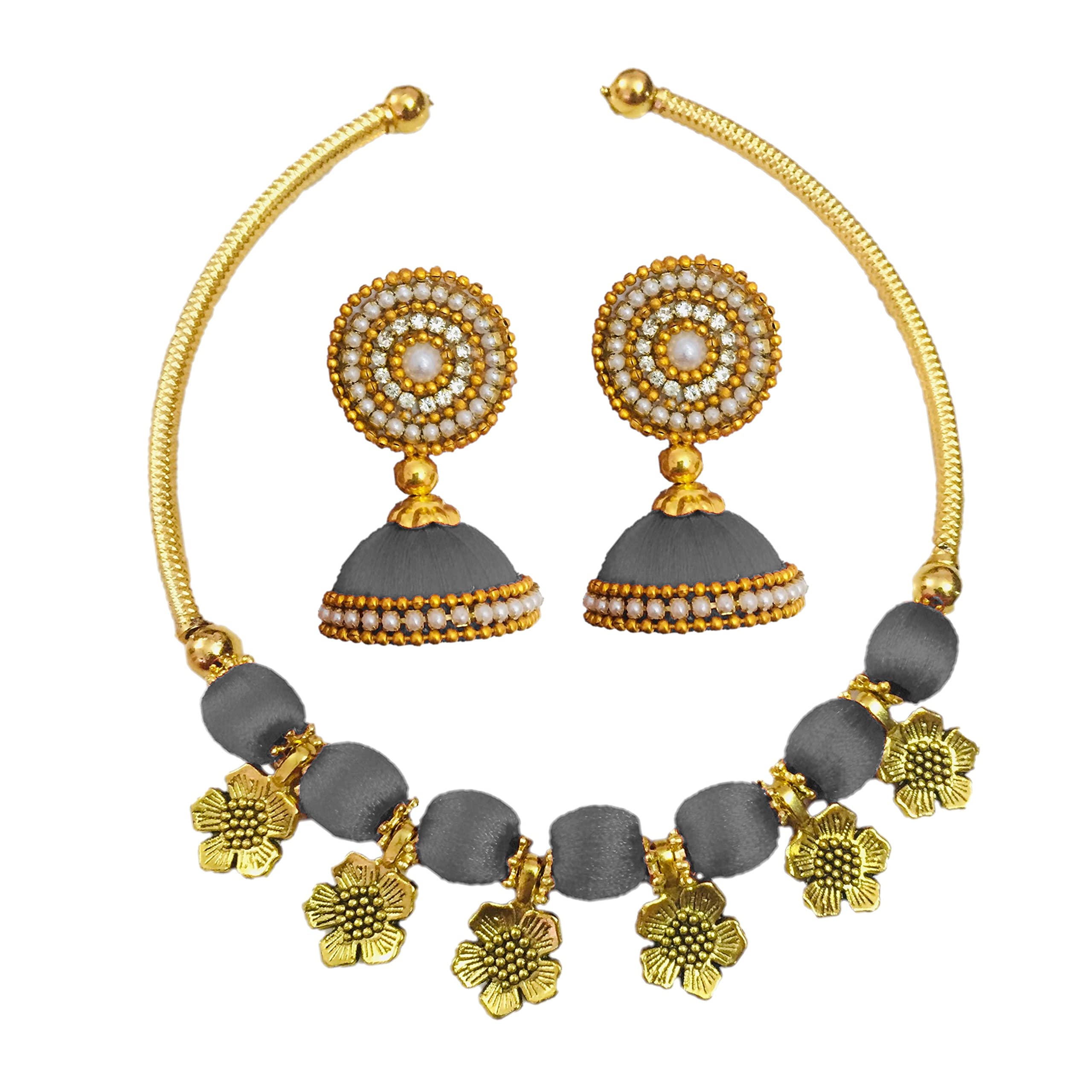 Ambal Antique Flower Charm silk thread necklace set for womens and girls (Grey) (B08358YRBB) Amazon Price History, Amazon Price Tracker