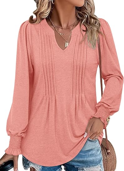 BETTE BOUTIK Long Sleeve Shirts for Women Fall Tops Dressy Blouses Pleated V Neck Tunic Tops for Leggings S-3XL