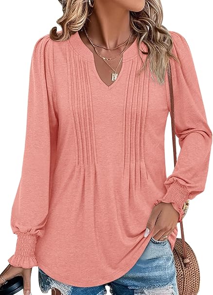 BETTE BOUTIK Long Sleeve Shirts for Women Fall Tops Dressy Blouses Pleated V Neck Tunic Tops for Leggings S-3XL