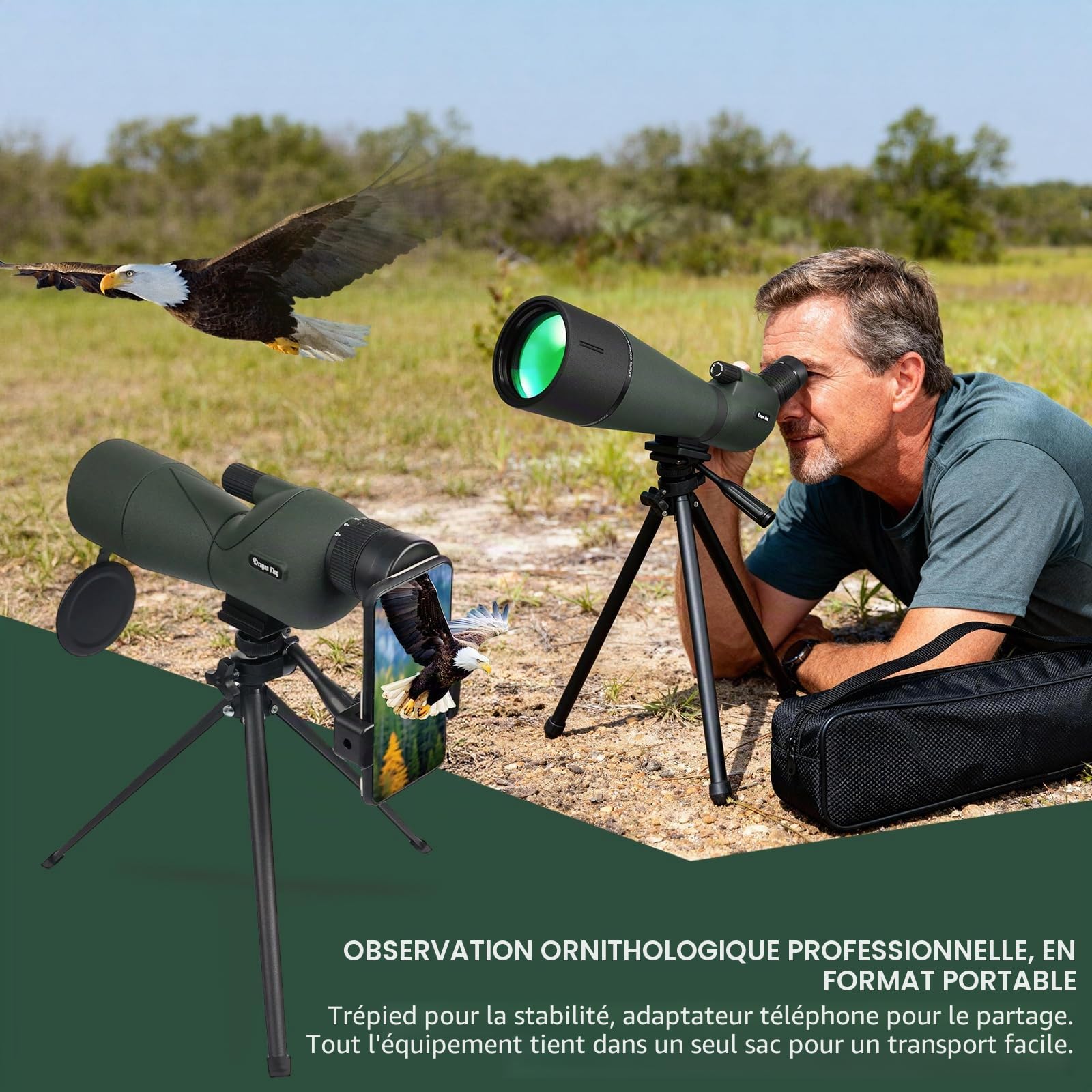 BIBIRE Longue Vues 25-75x60 avec trépied et Adaptateur pour téléphone, Longue-Vue Droite avec Sac de Transport, Longue-Vue HD pour l'observation des Oiseaux, la Faune Sauvage et Les cibles