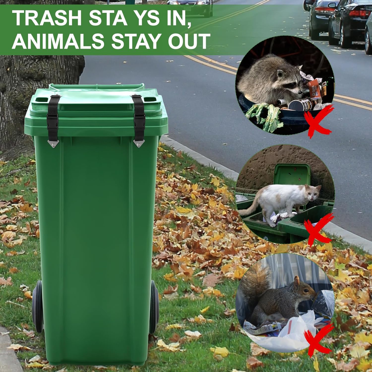 Raccoon Resistant Trash Can Lock Strap - Prevent Animal Rummaging & Secure Lid, Windproof Garbage Can Lock for Outdoor Use - 4-Piece Set