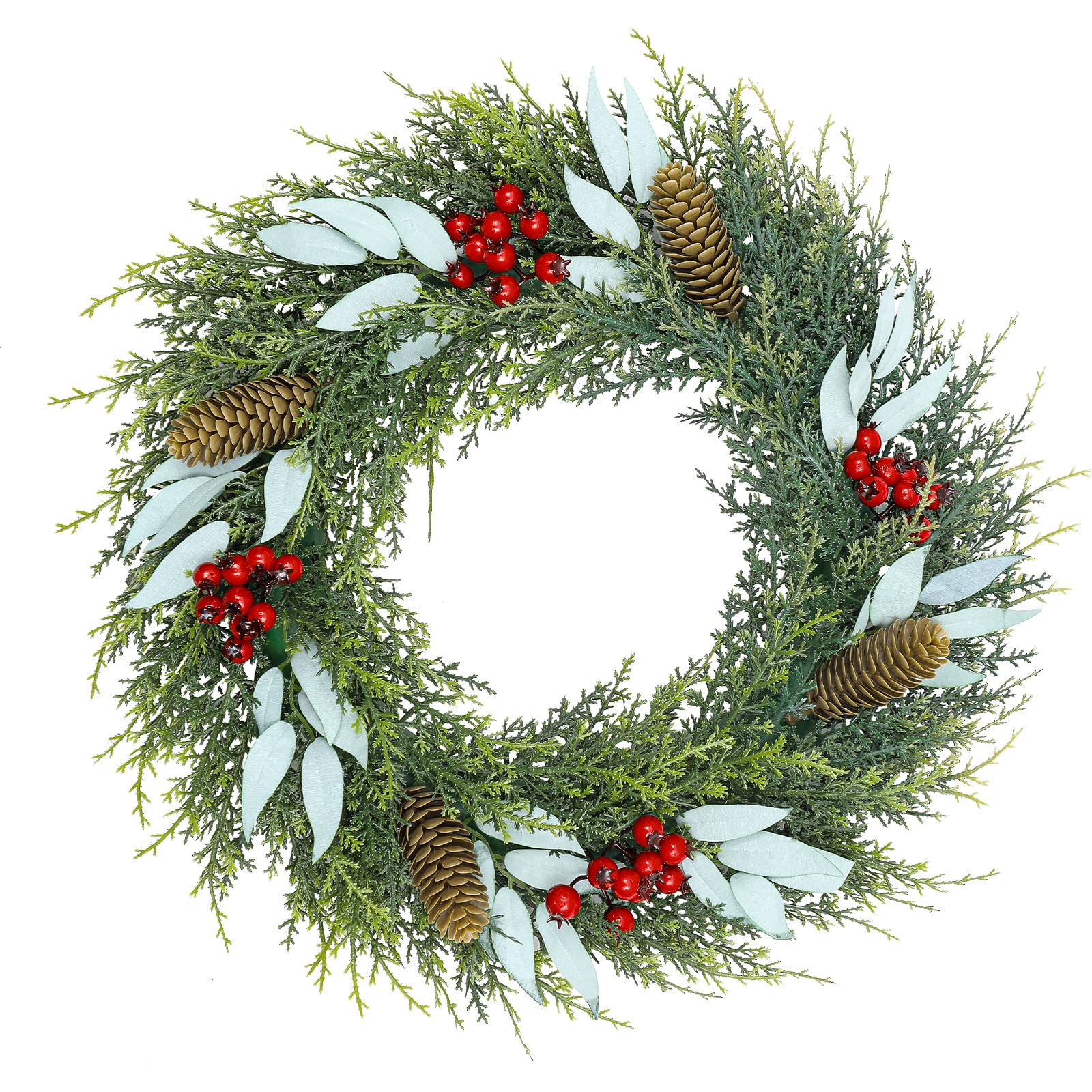 Artificial Christmas Wreath For Front Door - 40cm Green With Red Berries, Pine Cones, Spruce & Hanger - View #6