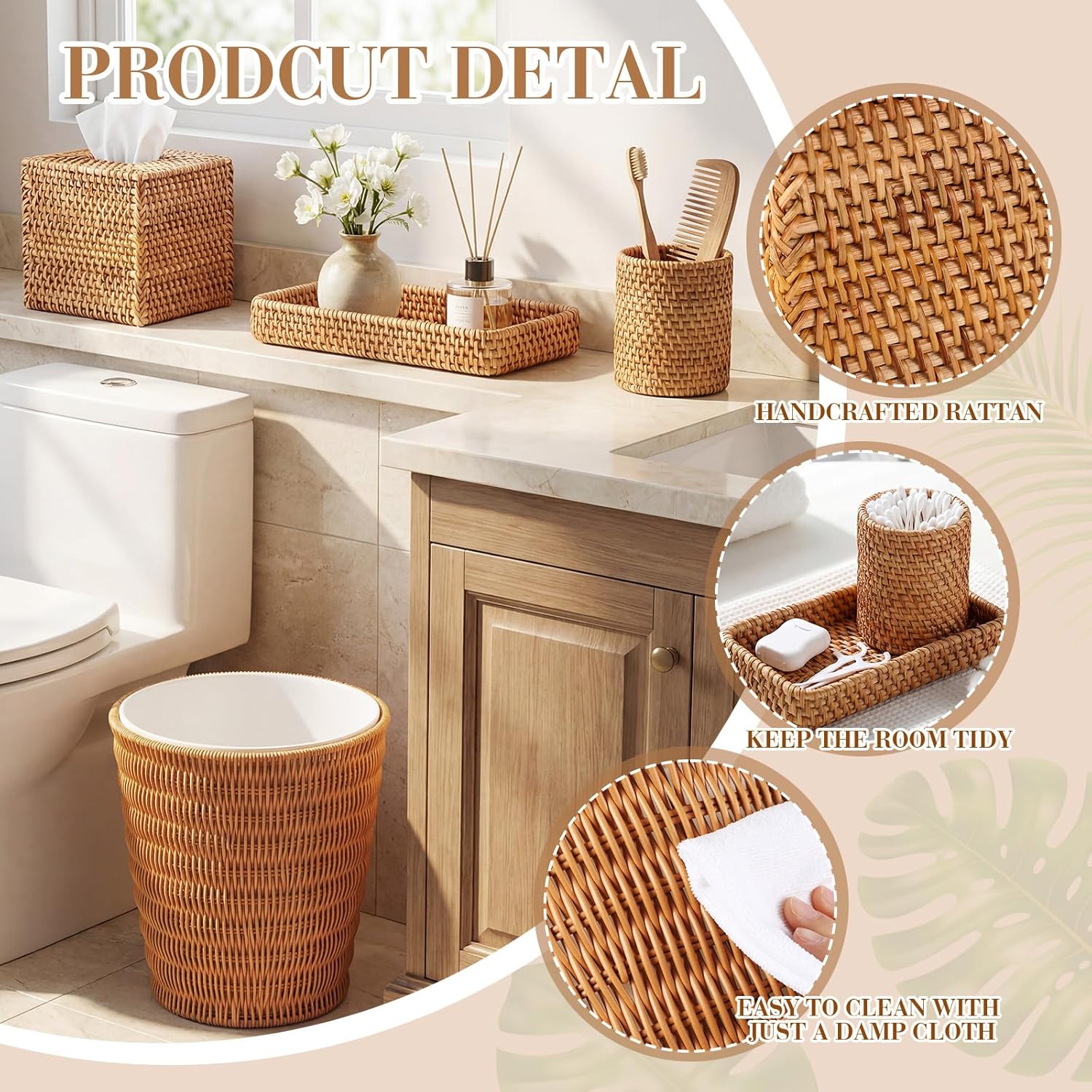 5 Pcs Bathroom Wicker Basket Set Rattan Tissue Box Toothbrush Holder with Tray and Wicker Trash Can Plastic Waste Paper Basket for Bedroom Office Boho Organizer Toilet Vanity Tray Accessory