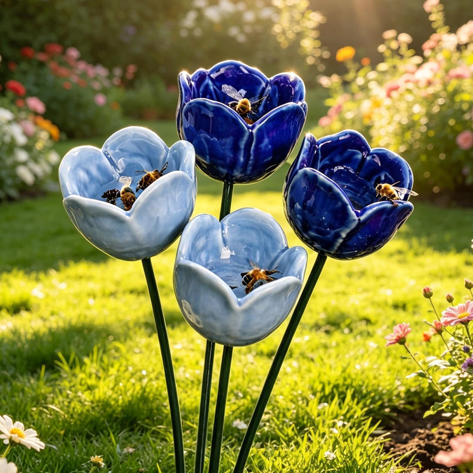 Bee Watering Station for Garden, 4PCS Bee Bath Cups for Garden Stake, 22CM Handmade Ceramic Flowers Cups for Bees, 2026 New Flower Butterfly Bees Water Feeder for Gardens Accessories Decor