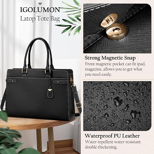 Miniatura 3 de Bolsa para laptop para mujer de 15.6 pulgadas, bolsa de mano de cuero profesional, bolsa de trabajo impermeable, maletín para computadora, bolsa de