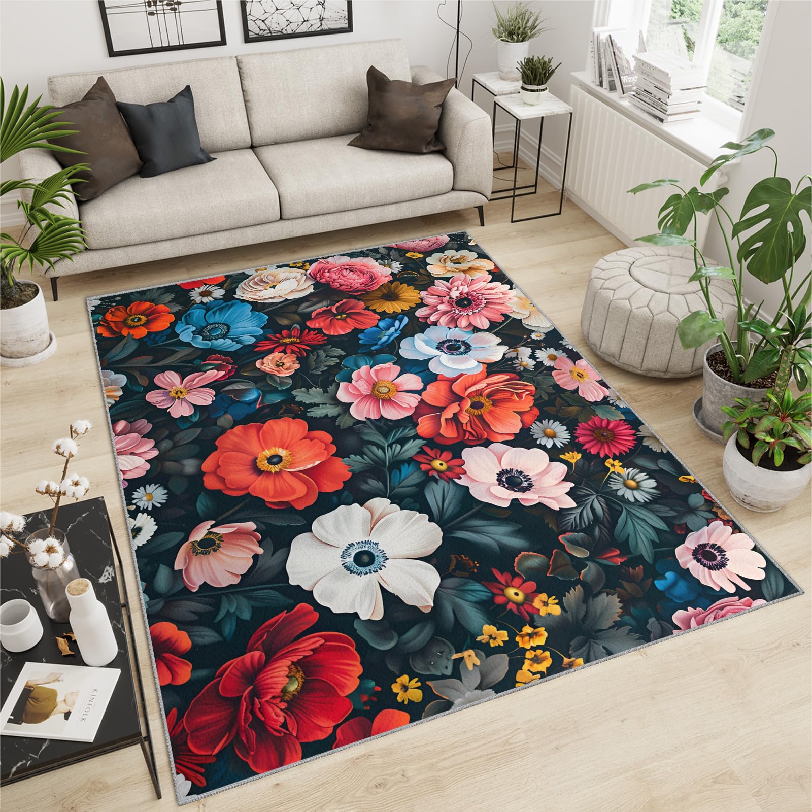 Tapis à fleurs pour chambre de fille - 150 x 180 cm - Antidérapant - Lavable - Motif botanique vintage - Tapis doux à poils courts - Motif floral