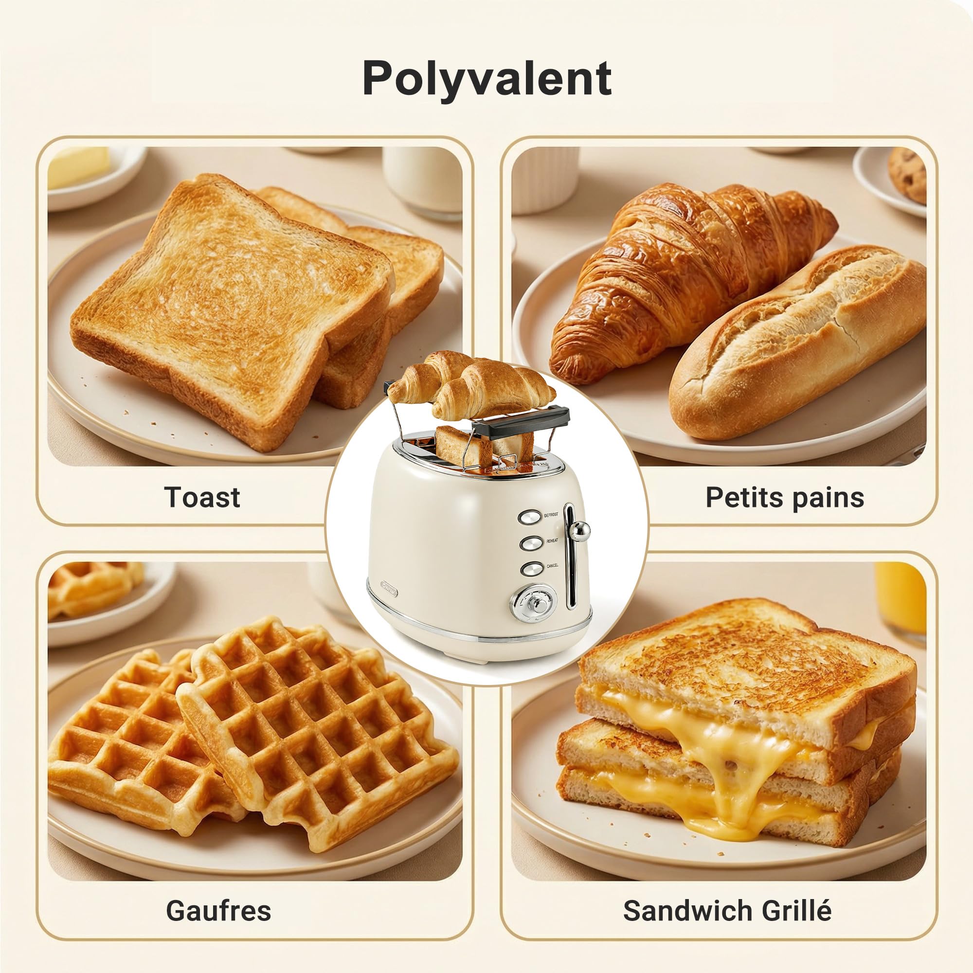 Wiltal Grille-Pain Rétro 2 Fentes Acier Inoxydable - Compact Support Viennoiseries, 6 Niveaux, Décongélation, Réchauffage, Arrêt Automatique