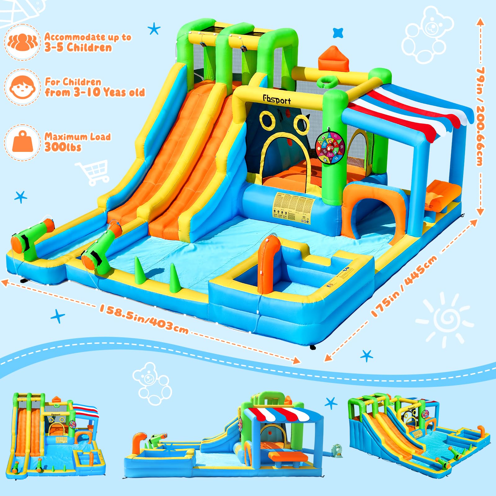 Hüpfburg mit 2 Wasserrutsche und Gebläse, Größe Wasserhüpfburg für Kinder mit Trampolin Wasserbecken Korb Kletterwand, XXL Hüpfburgen Bouncy Castle für Indoor Outdoor, 445x403x200 cm