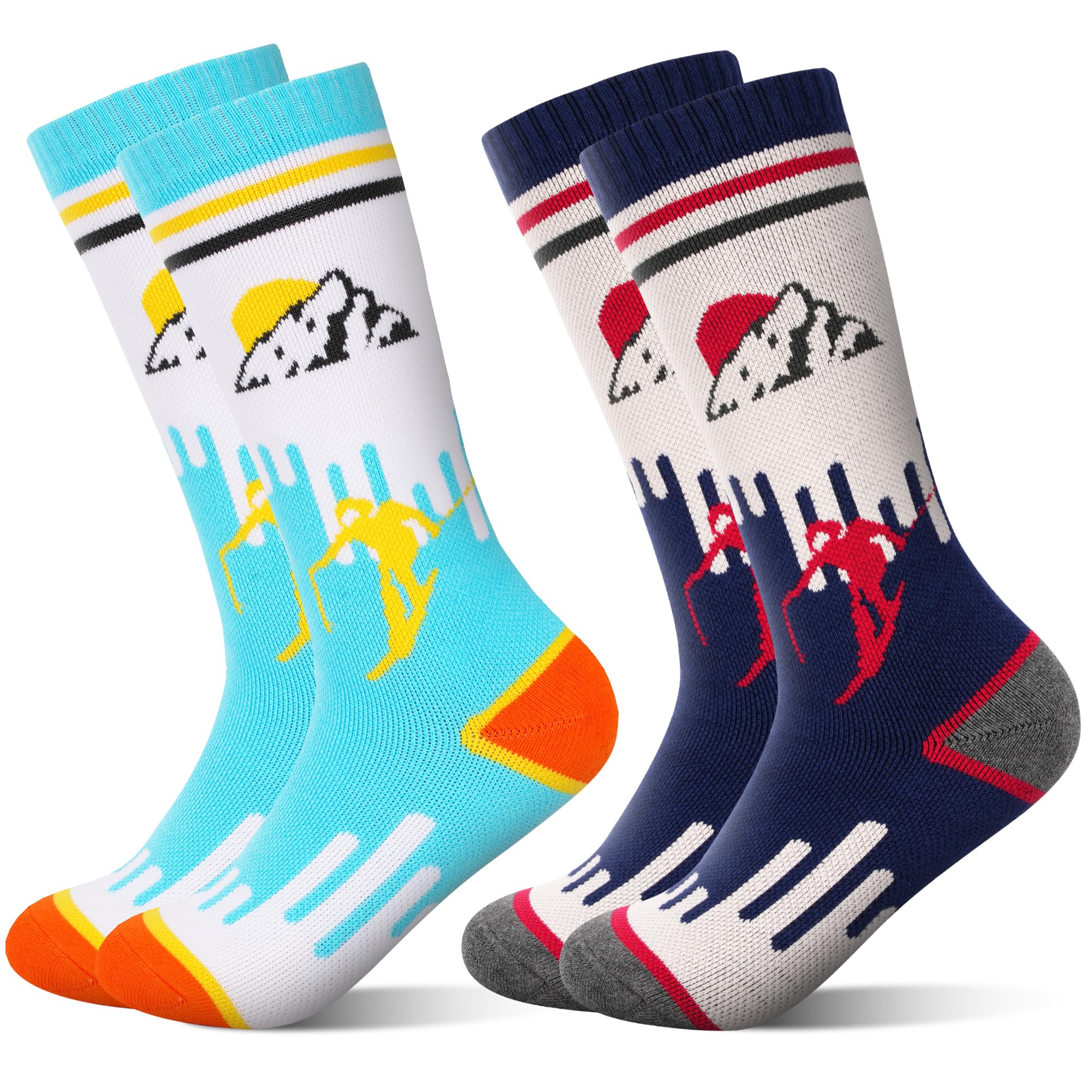 ELUTONG Kinder Skisocken, 2 Paare Jungen und Mädchen Warme Skisocken mit Sonnenaufgangs und Schneemannmotiven für Kinder 3-10 Jahre