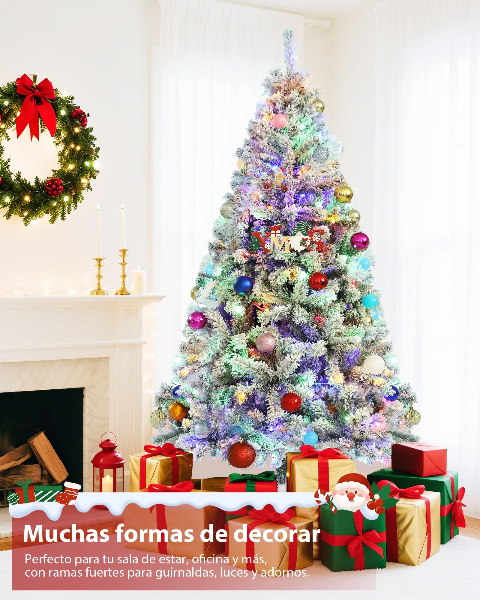 Himimi 180cm Árbol de Navidad Artificial con Iluminación, 250 Leds RGB, 8 Modos de Iluminación, Árbol de Navidad Artificial con Nieve, 1000 Ramas PVC, Decoración Navideña para Casa Oficina(Blanco)