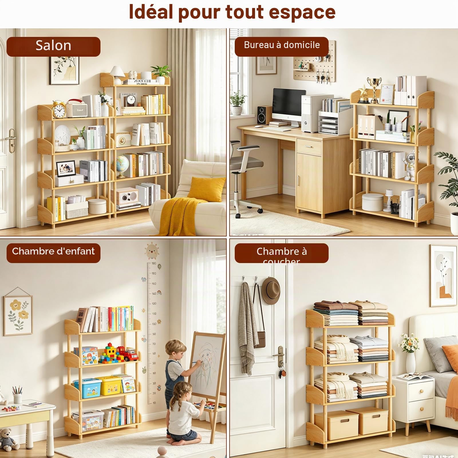 Étagère Bibliothèque 4 Niveaux, Étagère Ouverte Verticale, Meuble de Rangement Autoportant en Bois Massif pour Salon, Chambre et Chambre d’Enfant, Bois Naturel