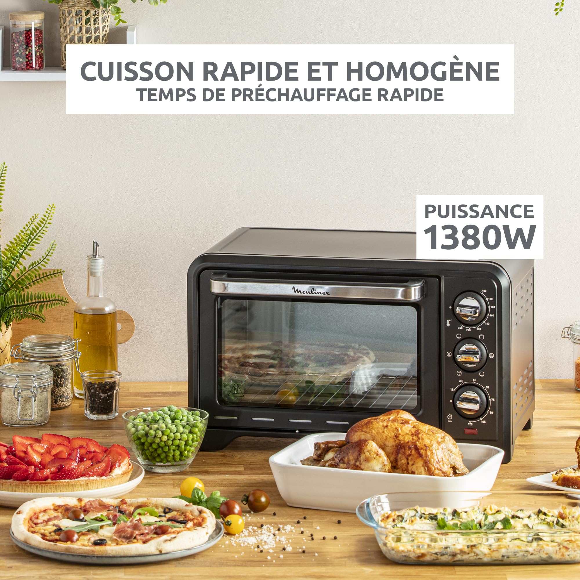 Moulinex Four électrique posable 19 L, Compact, chaleur tournante, 6 modes de cuisson, Thermostat réglable jusqu’à 240°C, Minuteur 120 min, Grille réversible, Lèche frites, Optimo noir OX444810