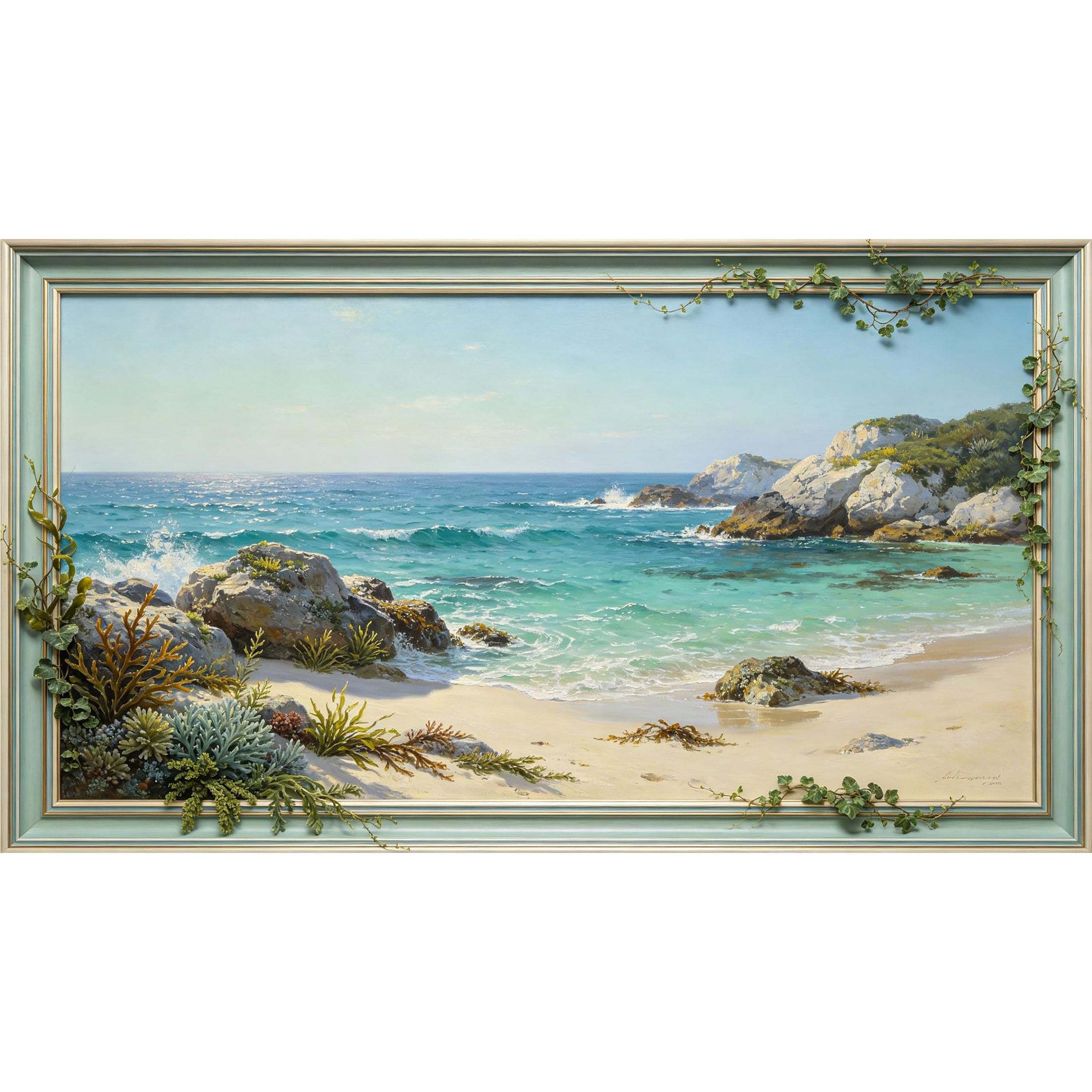 QZLITHOTIC 50x90cm3D Framed Wall Art， Coastal Ocean Waves Rocky Shore Beach Landscape Self‑Adhesive Mural， Water‑Activated Peel & Stick Fabric Decor Wall Decal for Bedroom Living Room