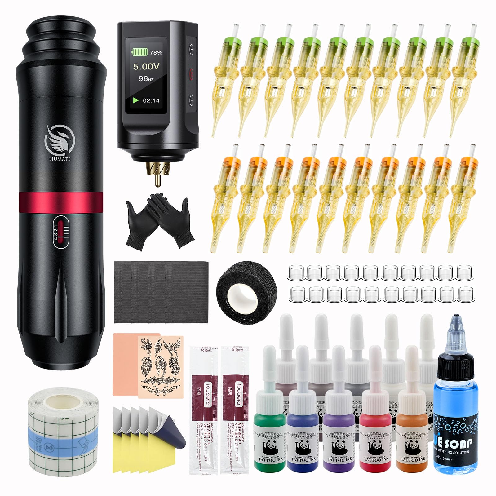 LIUMATE Máquina de Tatuaje Inalámbrica Kit 1900mAh 20 Agujas 10 Botellas Tinta