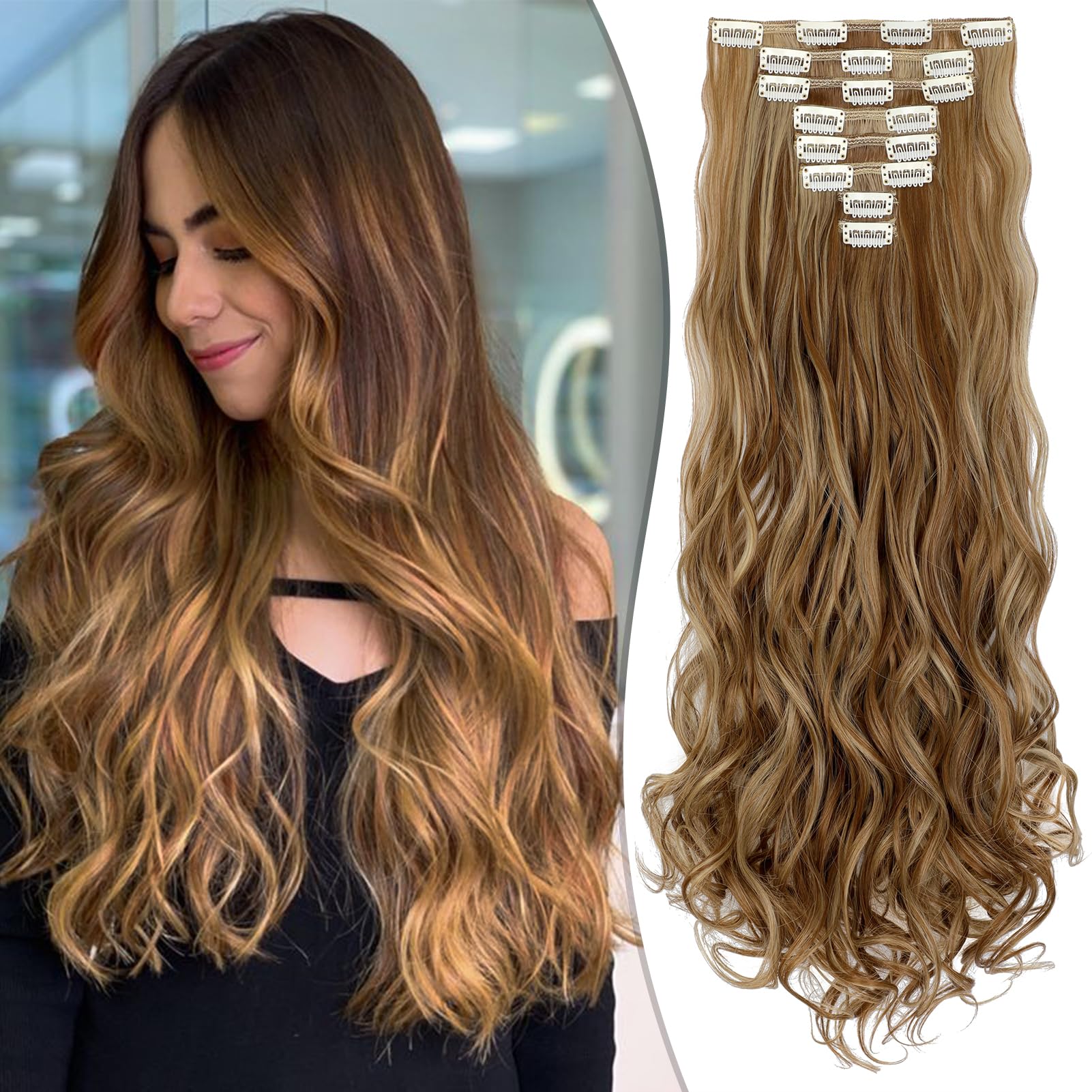 Fanguilar Clip in Hair Extensions 24 Inch 8PCS Ash Blonde Mix Light Brown Long Wavy Synthetic Hair Extensions Clip ins Thick Double Weft Hair Clip