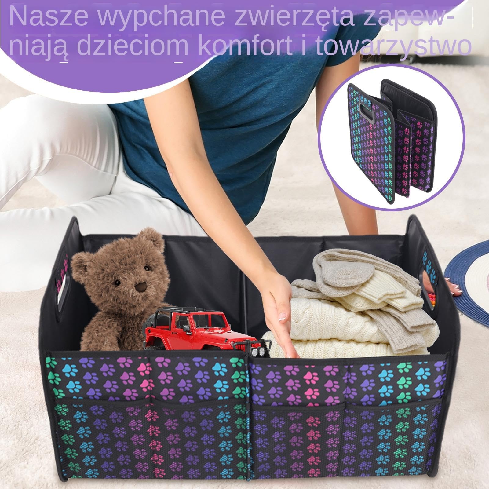 Organizer Do Bagażnika Samochodowego Składany Kosz Do Przechowywania | Organizer Bagażu z Wzorem Psiej Łapy Przeznaczony Dla Rodziny, Pikników, Plaży, Zakupów I Codziennych